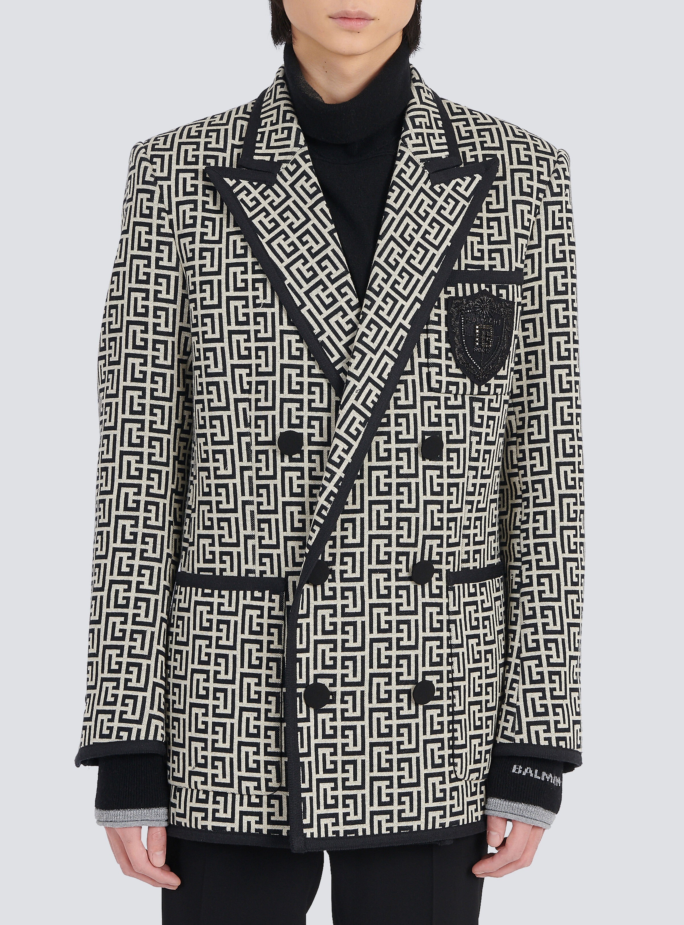 Jersey blazer with Balmain monogram and double-breasted black buttoned fastening - 6