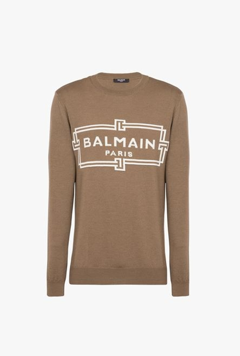 Taupe wool sweater with ecru Balmain Paris logo - 1