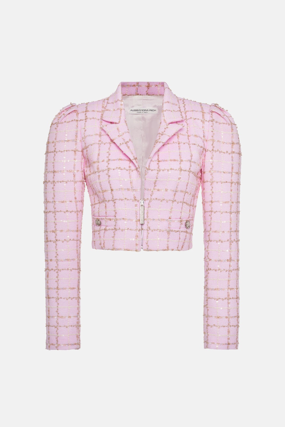 SEQUIN CHECKED TWEED CROPPED JACKET WITH JWL ZIP - 1