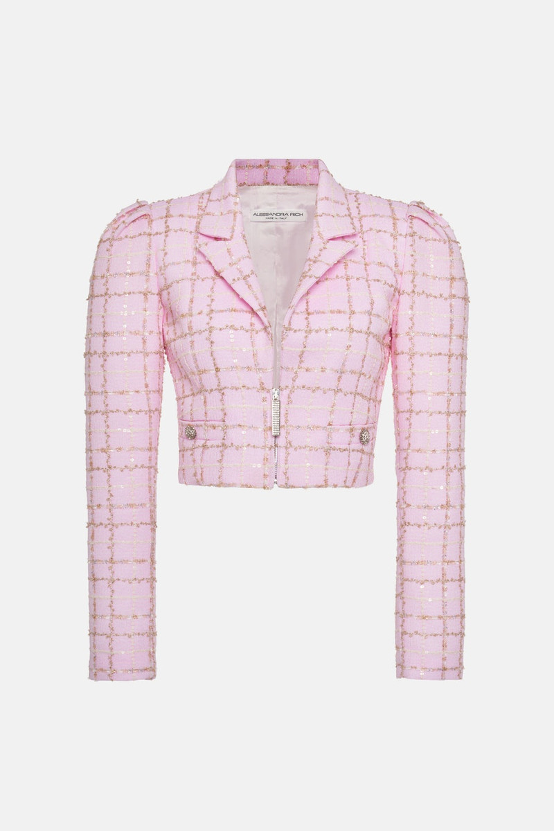 SEQUIN CHECKED TWEED CROPPED JACKET WITH JWL ZIP 1