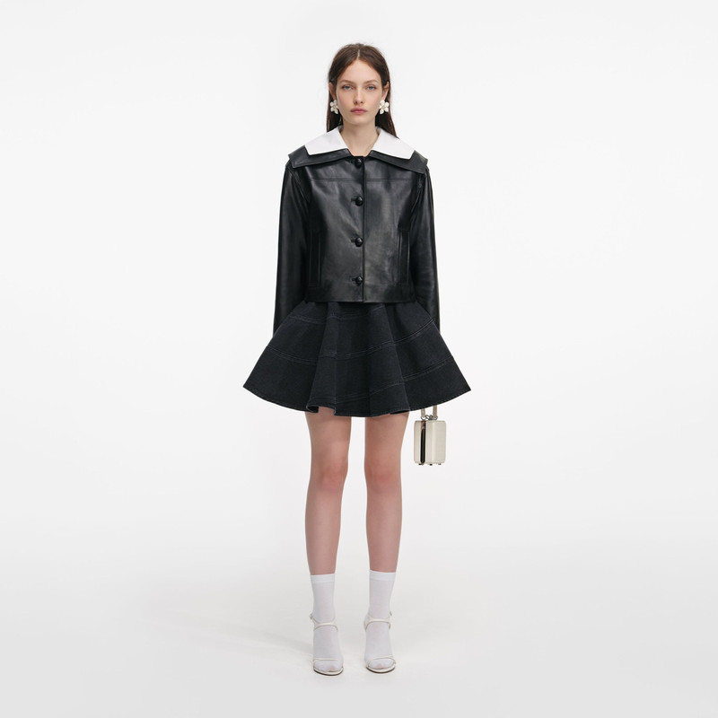 Black Leather Contrast Collar Jacket 1