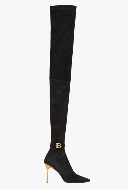 Black stretch suede Raven thigh-high boots with monogram strap - 1