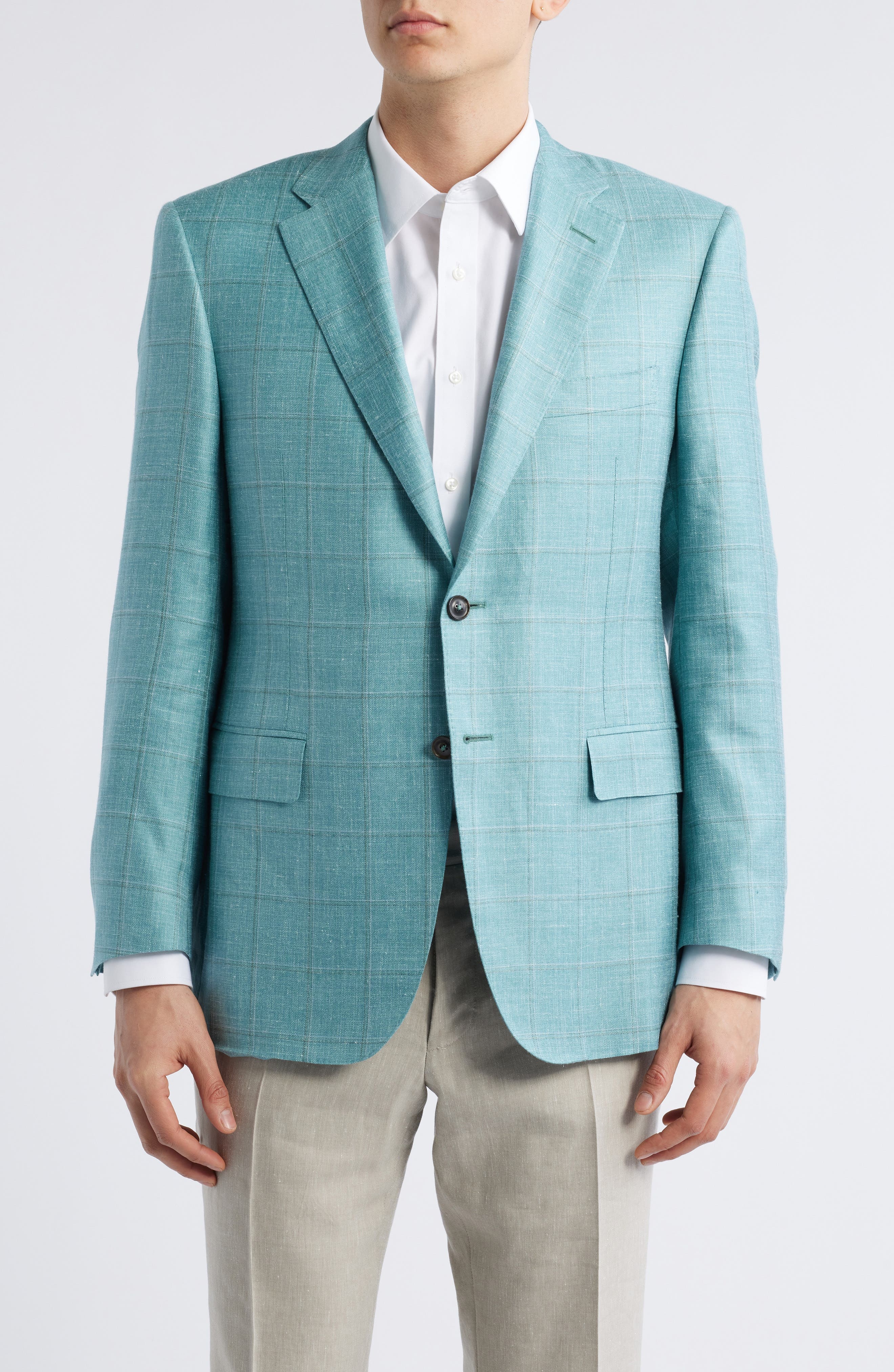 Canali Siena Regular Fit Green Windowpane Check Cashmere & Linen Blend Sport Coat in Bright Green at - 1
