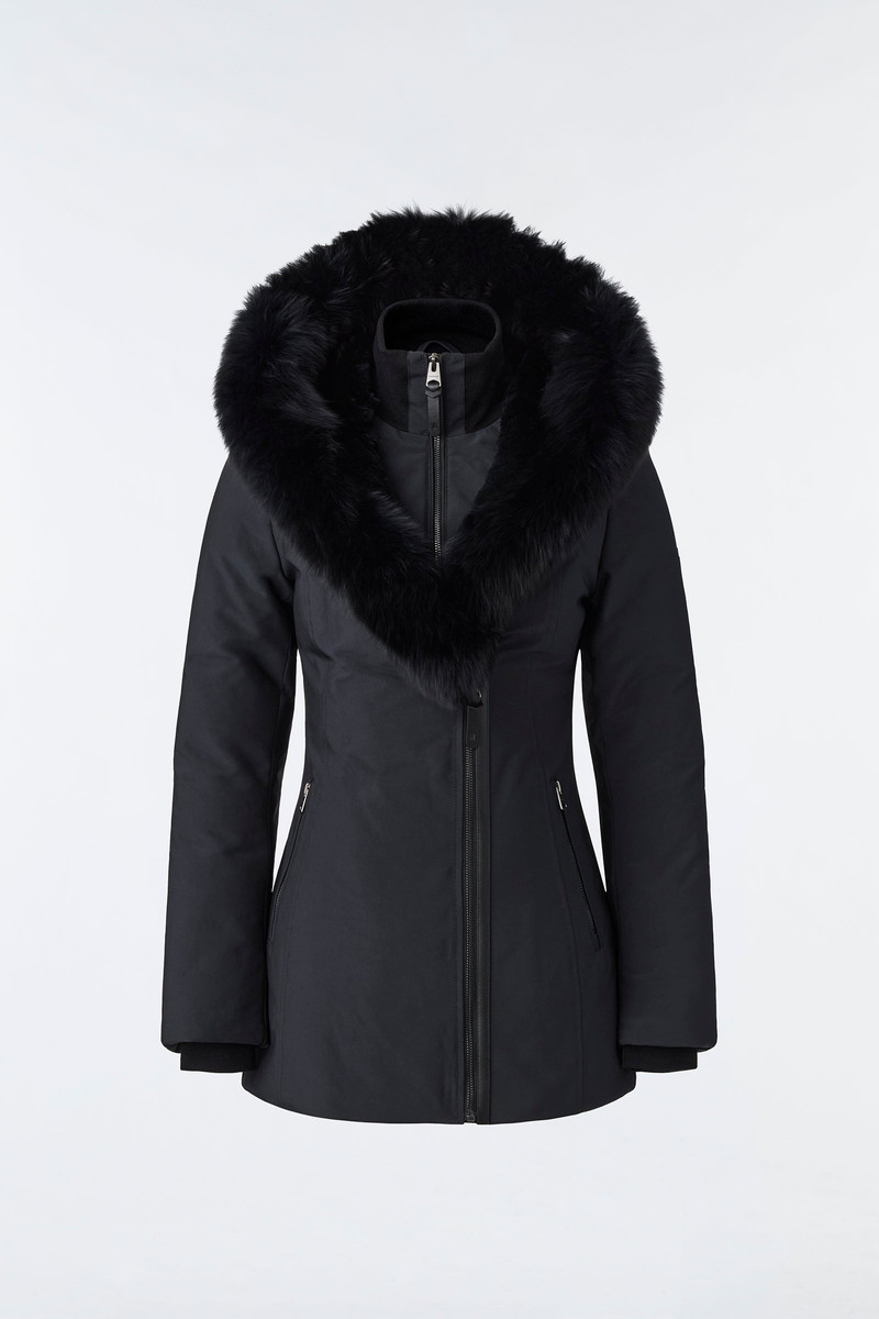 AKIVA down coat with blue fox fur trimmed hood 1