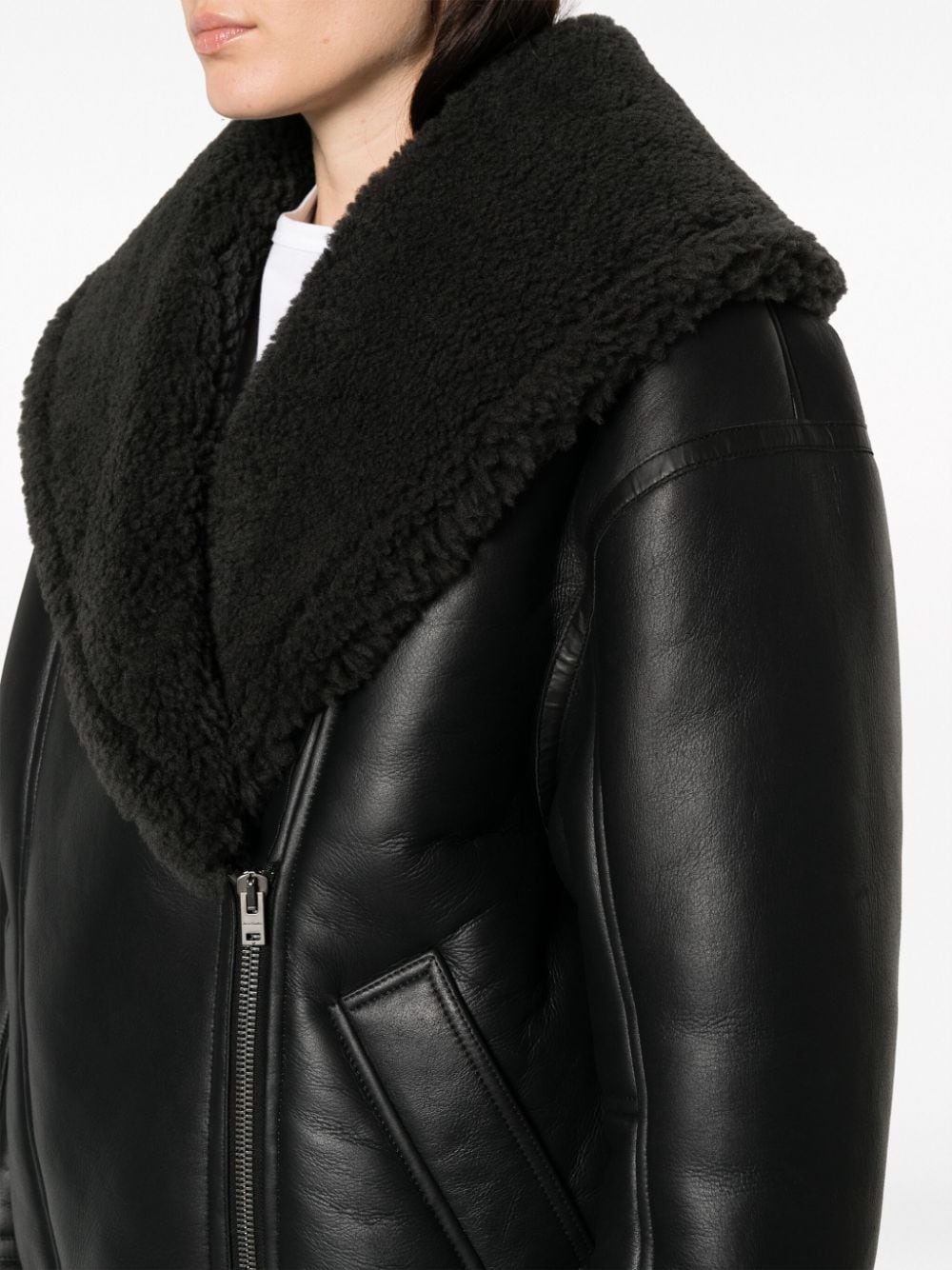 shearling-lined leather biker jacket - 5