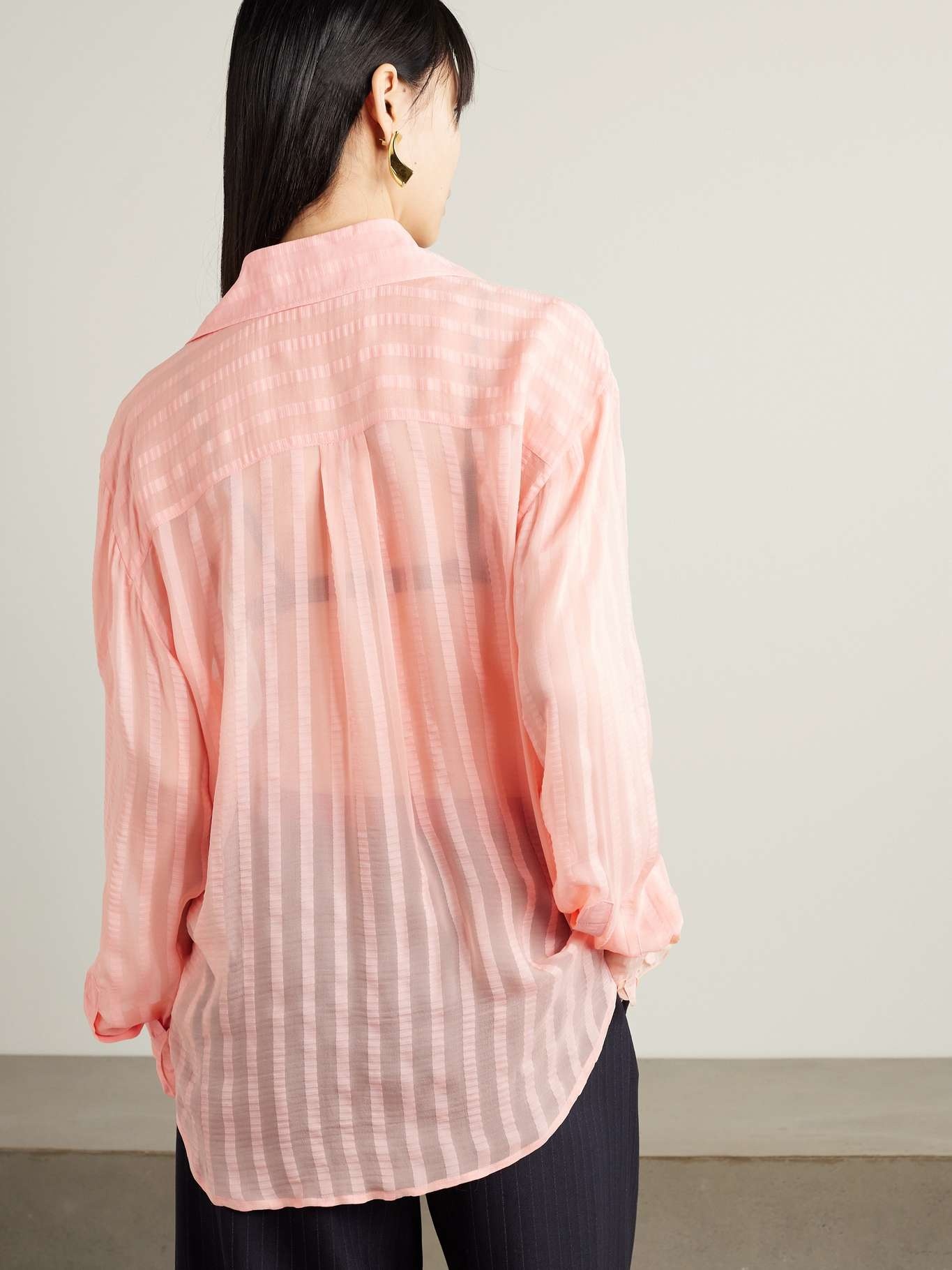 + NET SUSTAIN striped ruffled organic silk-blend crepe de chine shirt - 4