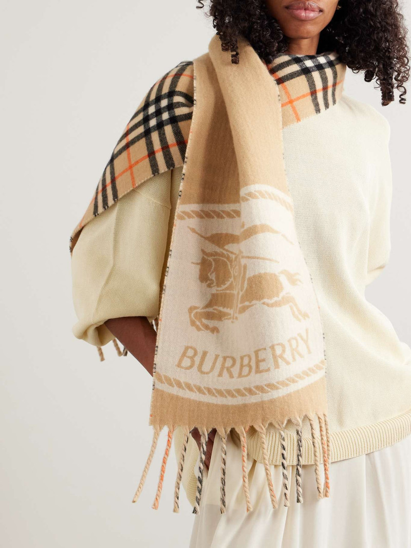Burberry Fringed checked jacquard-knit cashmere scarf Sand outlook
