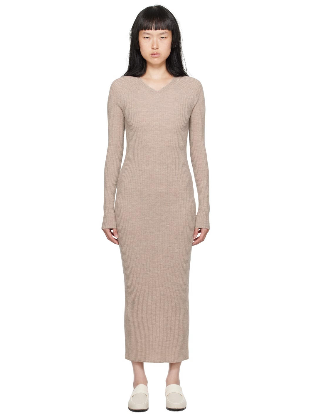 Beige Ribbed Midi Dress - 1