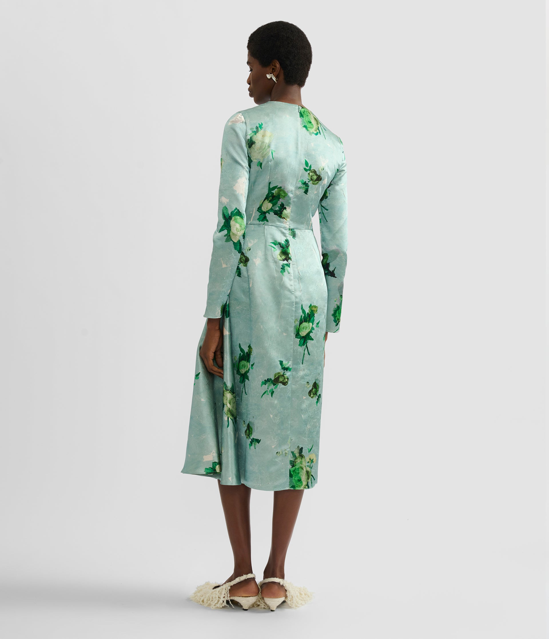 FLORAL PRINT CRUSHED SATIN DRAPED MIDI DRESS - 3