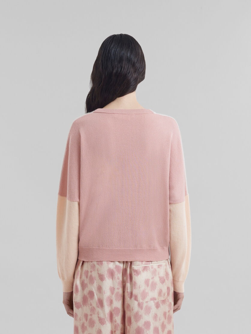 PEACH PINK WOOL AND CASHMERE COLOR BLOCK V-NECK SWEATER - 3