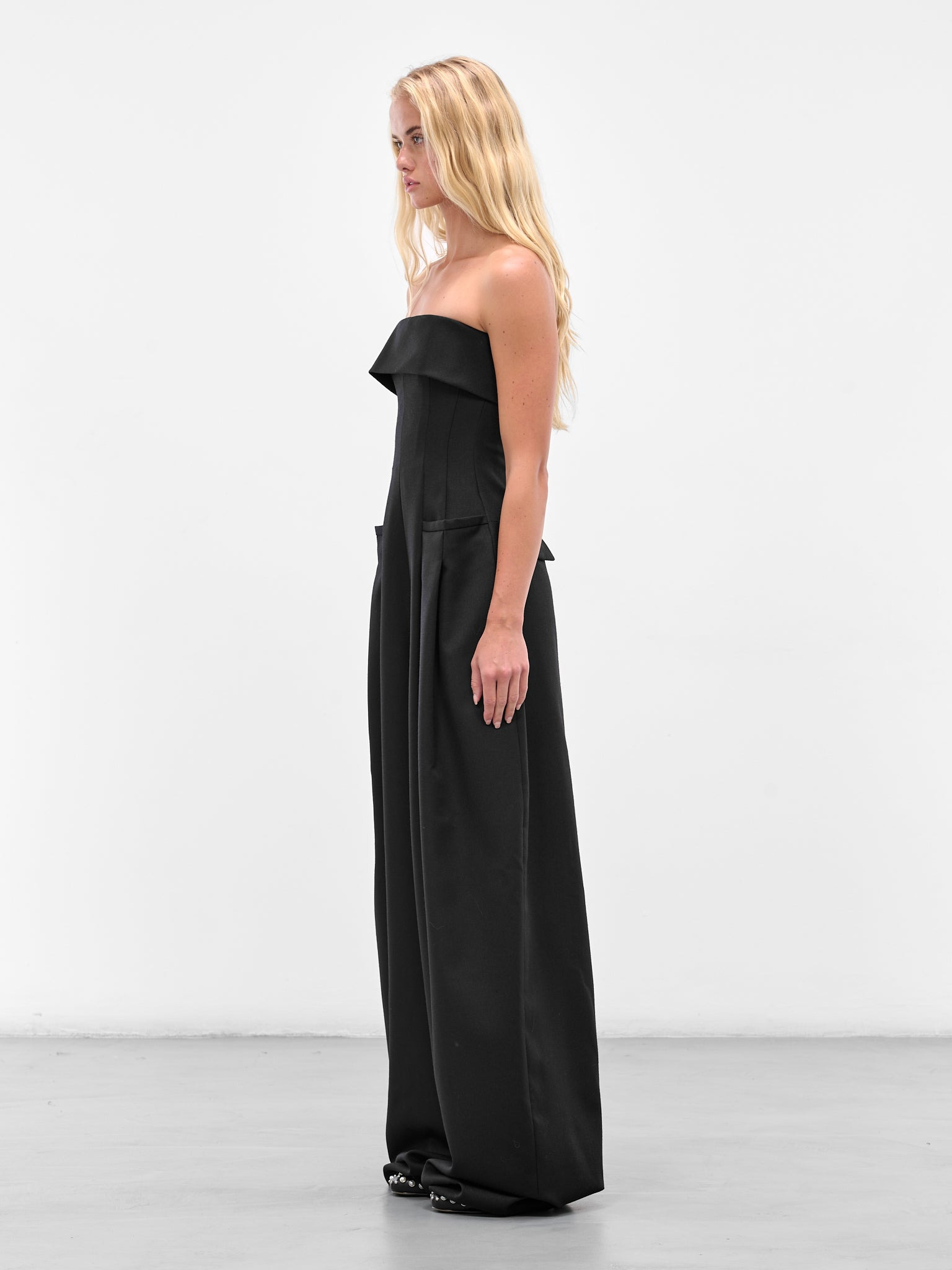 Black Wool Rounded Strapless Jumpsuit - 2
