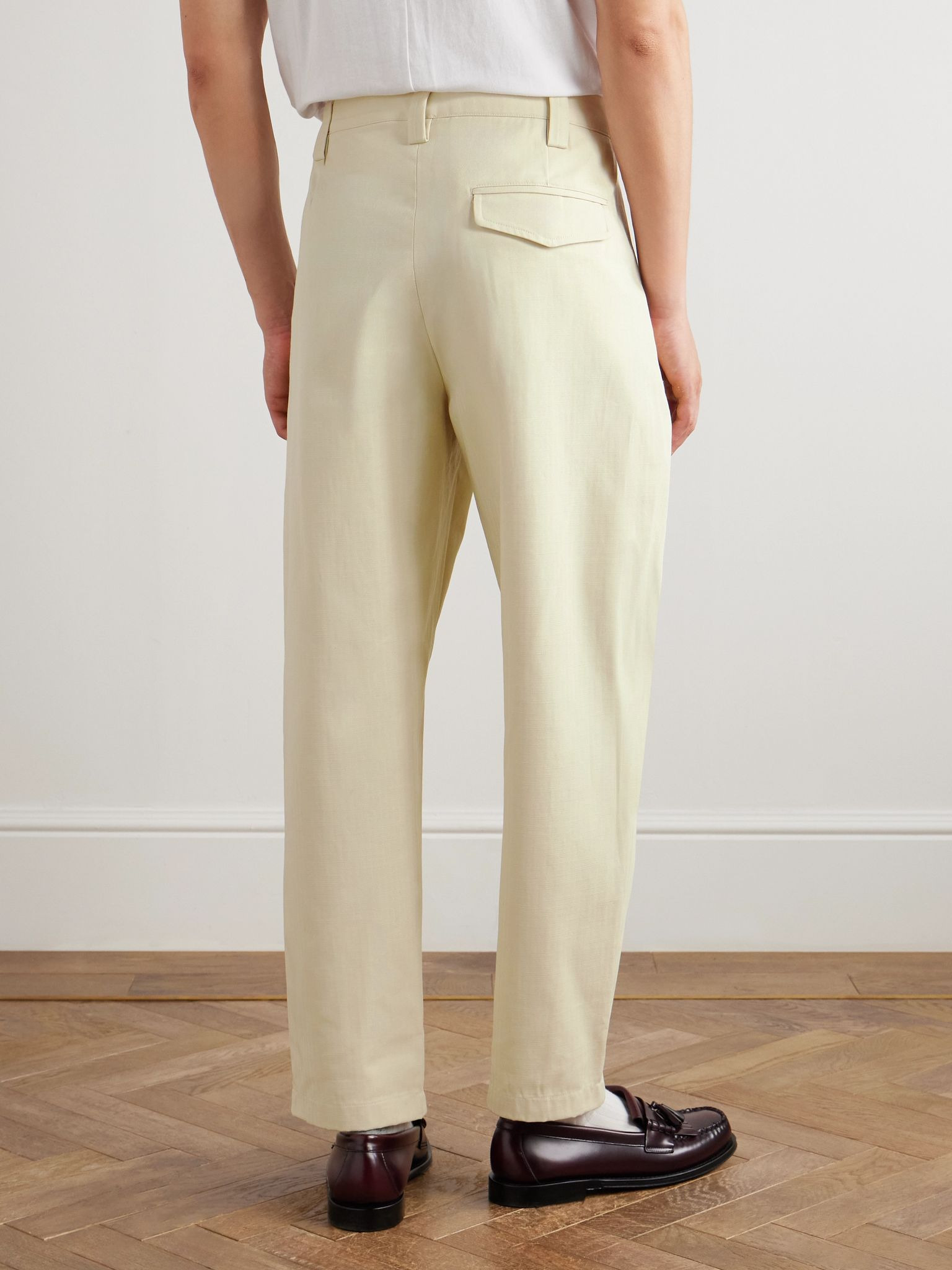 Renato Tapered Pleated Herringbone Cotton Trousers Ecru - 4