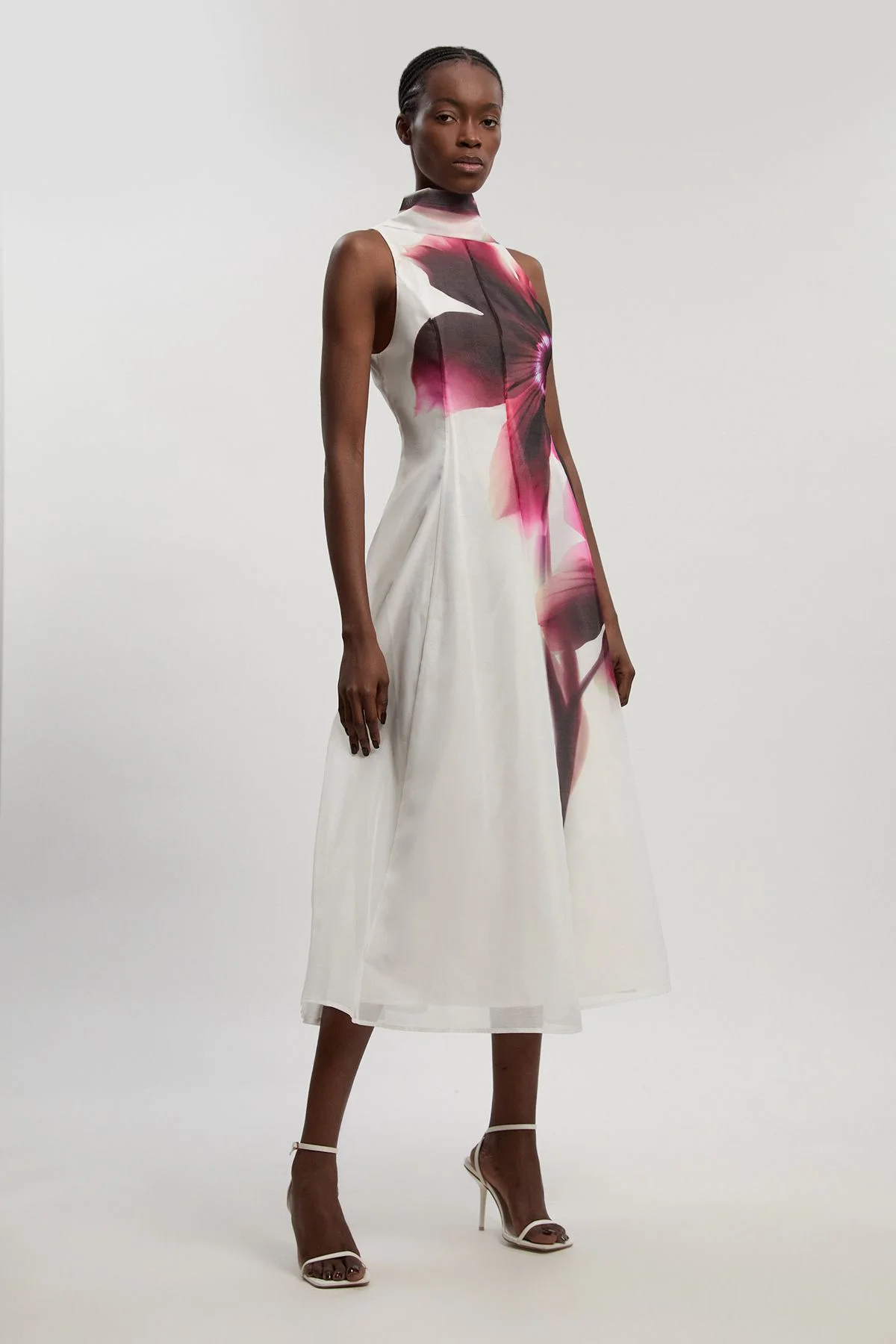 Photographic floral organza scarf detail woven maxi dress - 1