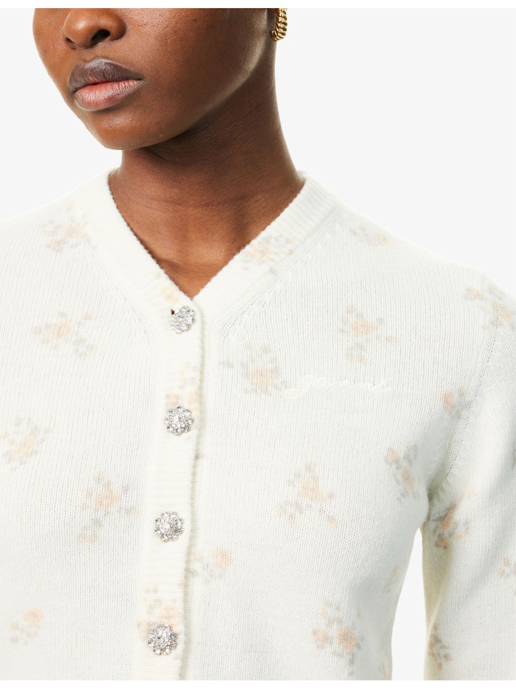 Floral-Print Embellished-Button Wool-Blend Knitted Cardigan - 5