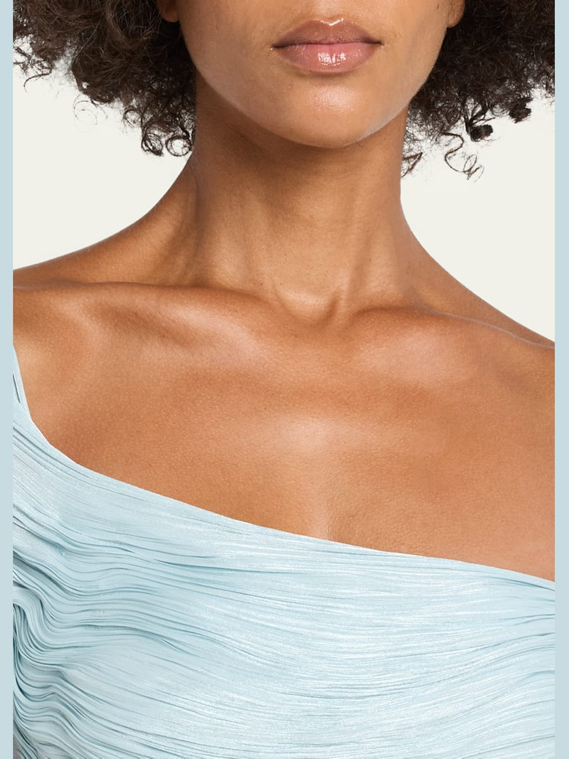 Off-The-Shoulder Pleated Satin Twisted Slit Gown 5