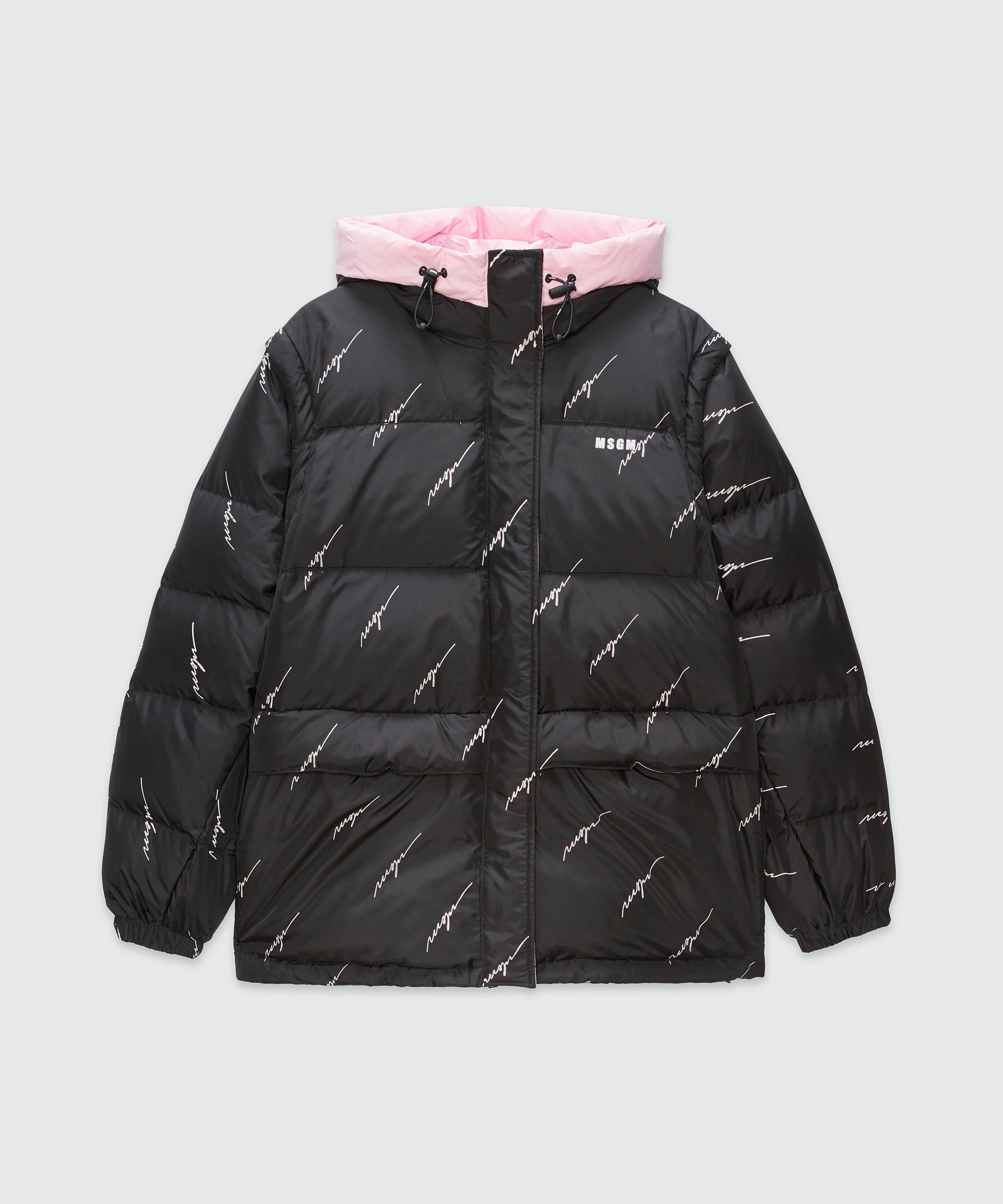 MSGM｜JACKETS (3741MDH12 237705 04) MSGM Black nylon down jacket with cursive logo | REVERSIBLE