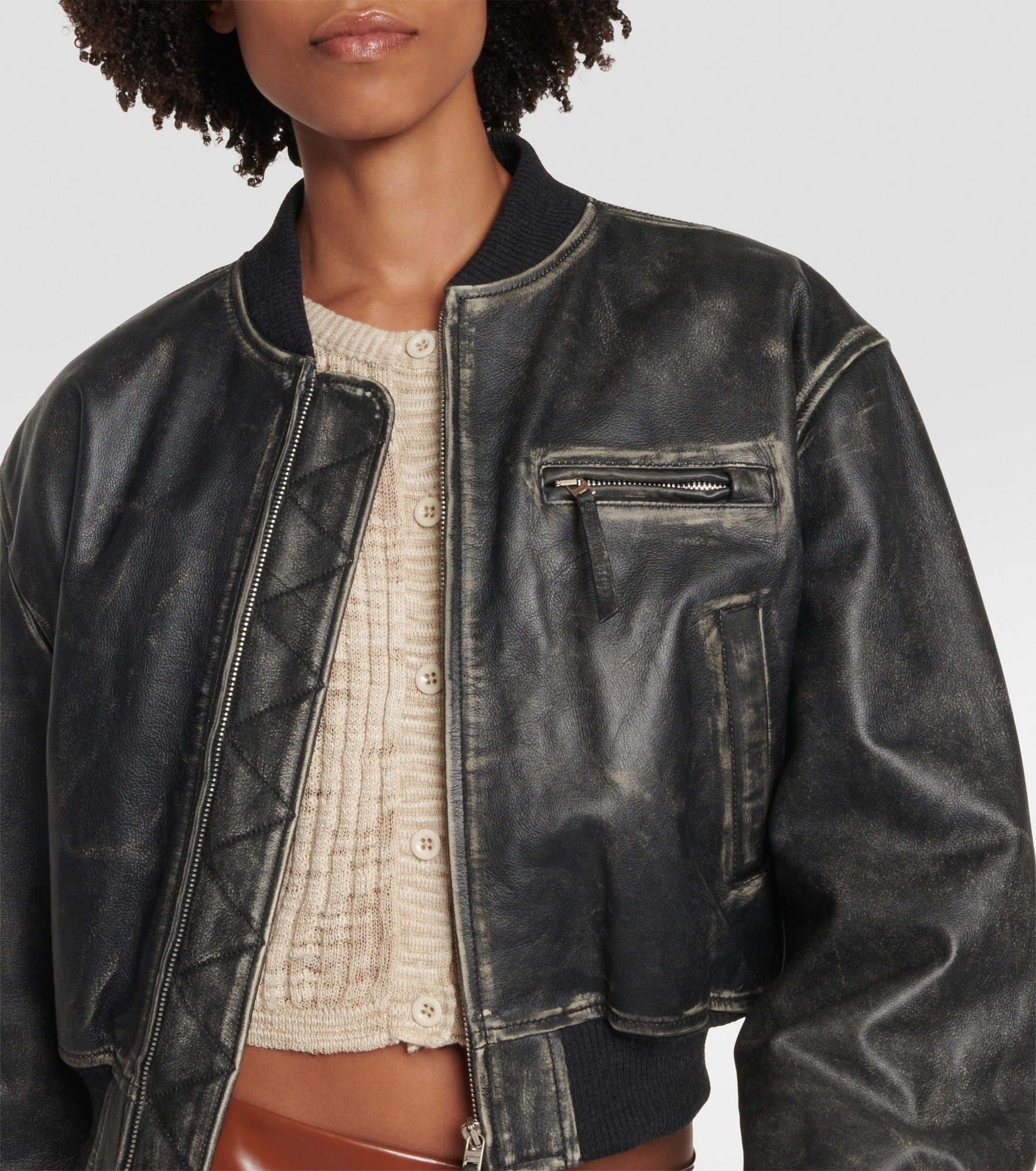 Cropped leather bomber jacket - 4