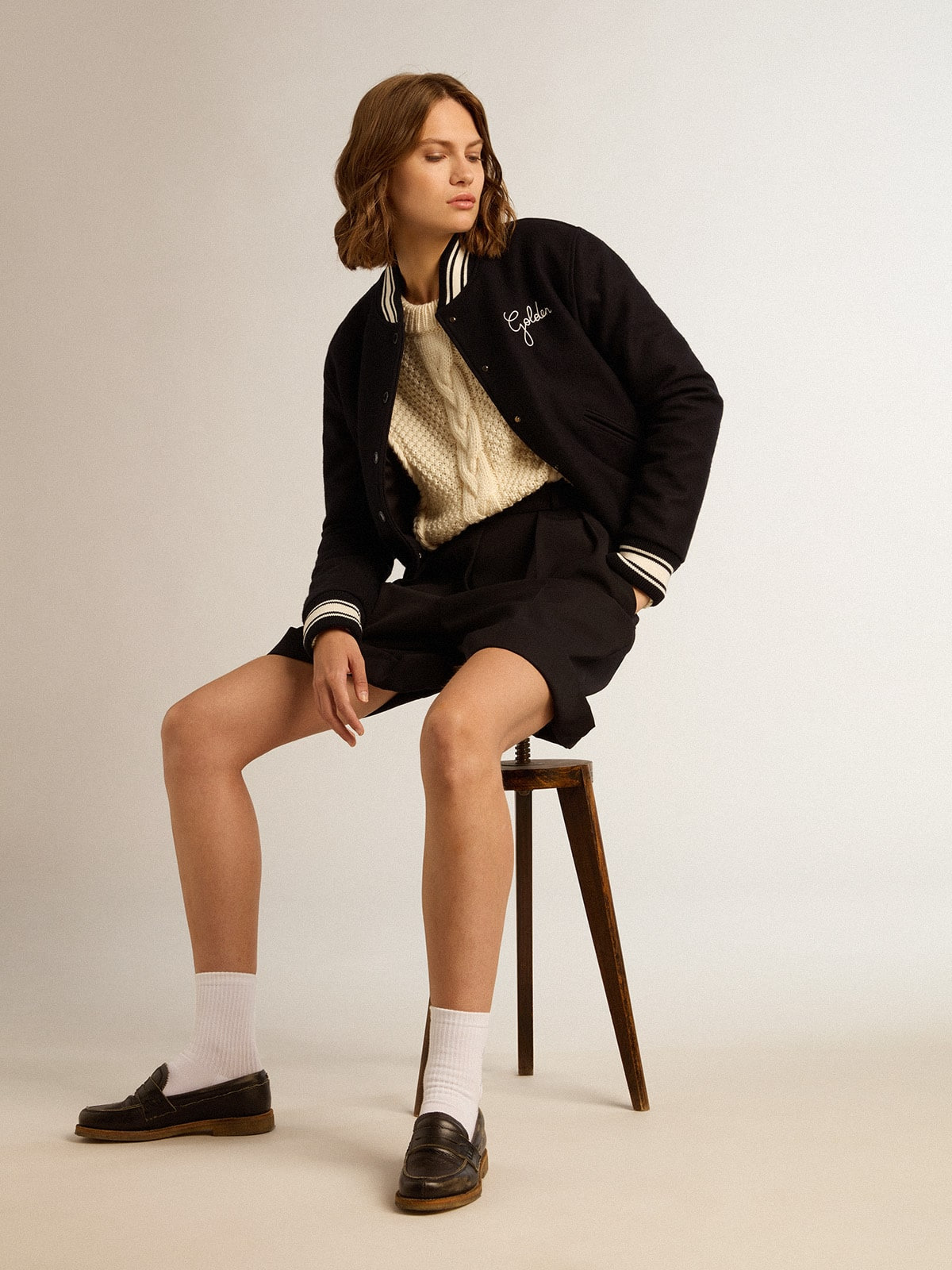 Women's bomber jacket in dark blue wool with white details - 3