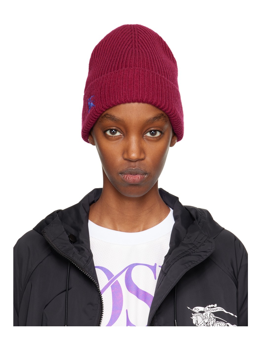 Burgundy Ribbed Cashmere Beanie - 1