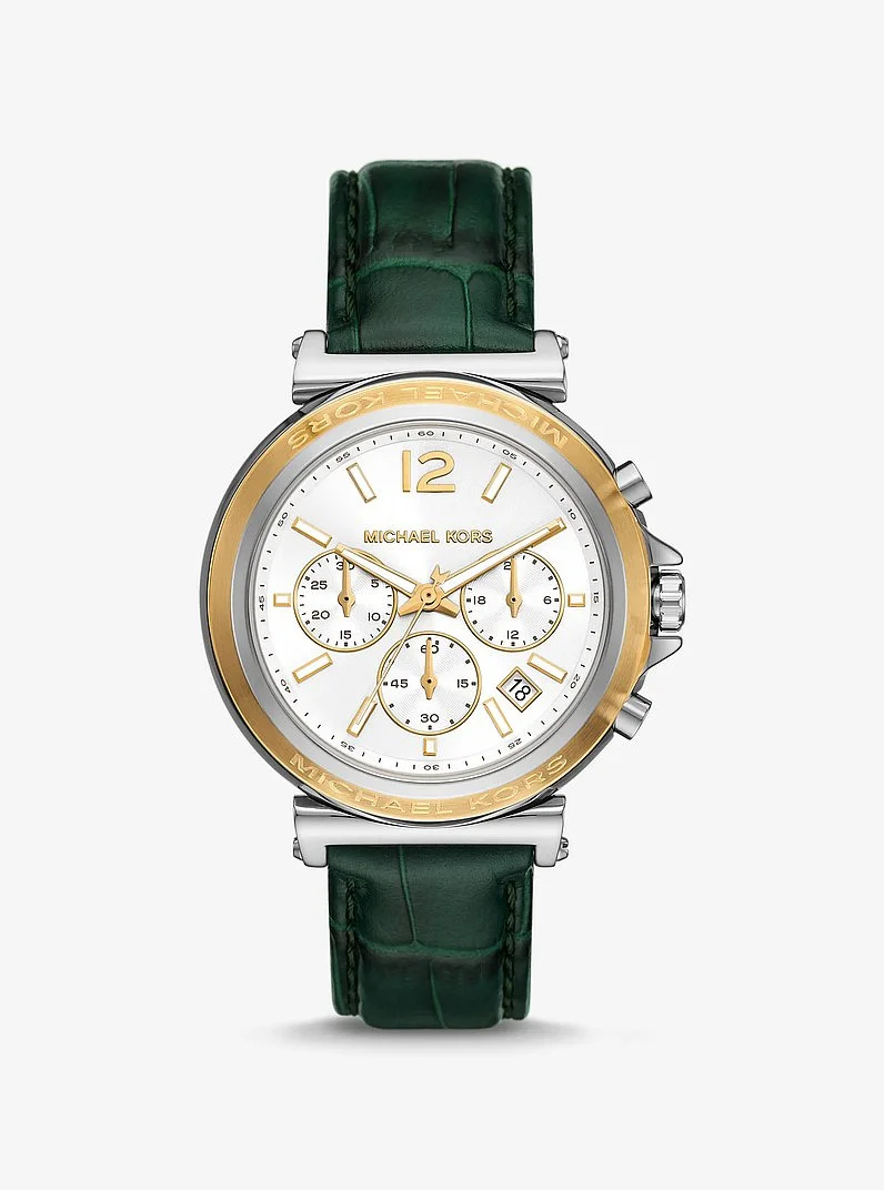 Oversized Maren Silver-Tone and Crocodile Embossed Leather Watch - 1
