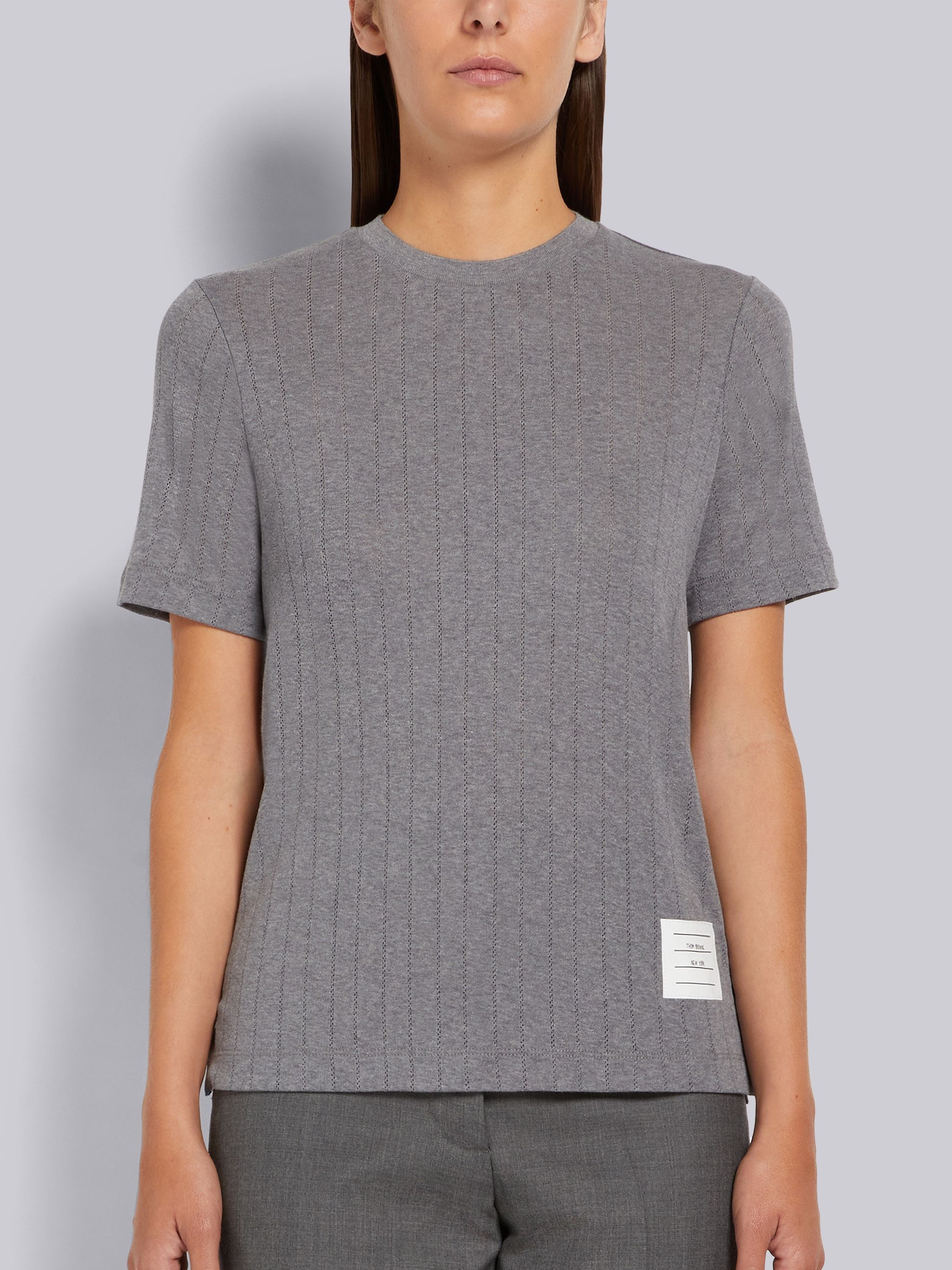 Medium Grey Cotton Pointelle Rib Short Sleeve Tee - 1