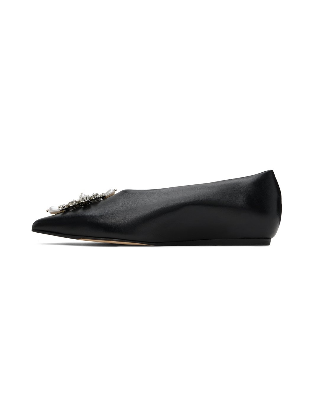 Black Embellished Pointed Toe Ballerina Flats - 3