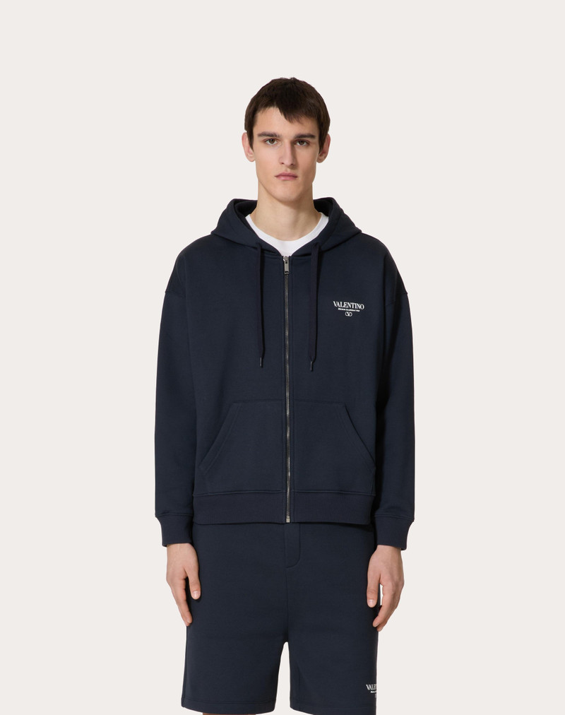 COTTON SWEATSHIRT WITH HOOD, ZIPPER AND VALENTINO PRINT 3