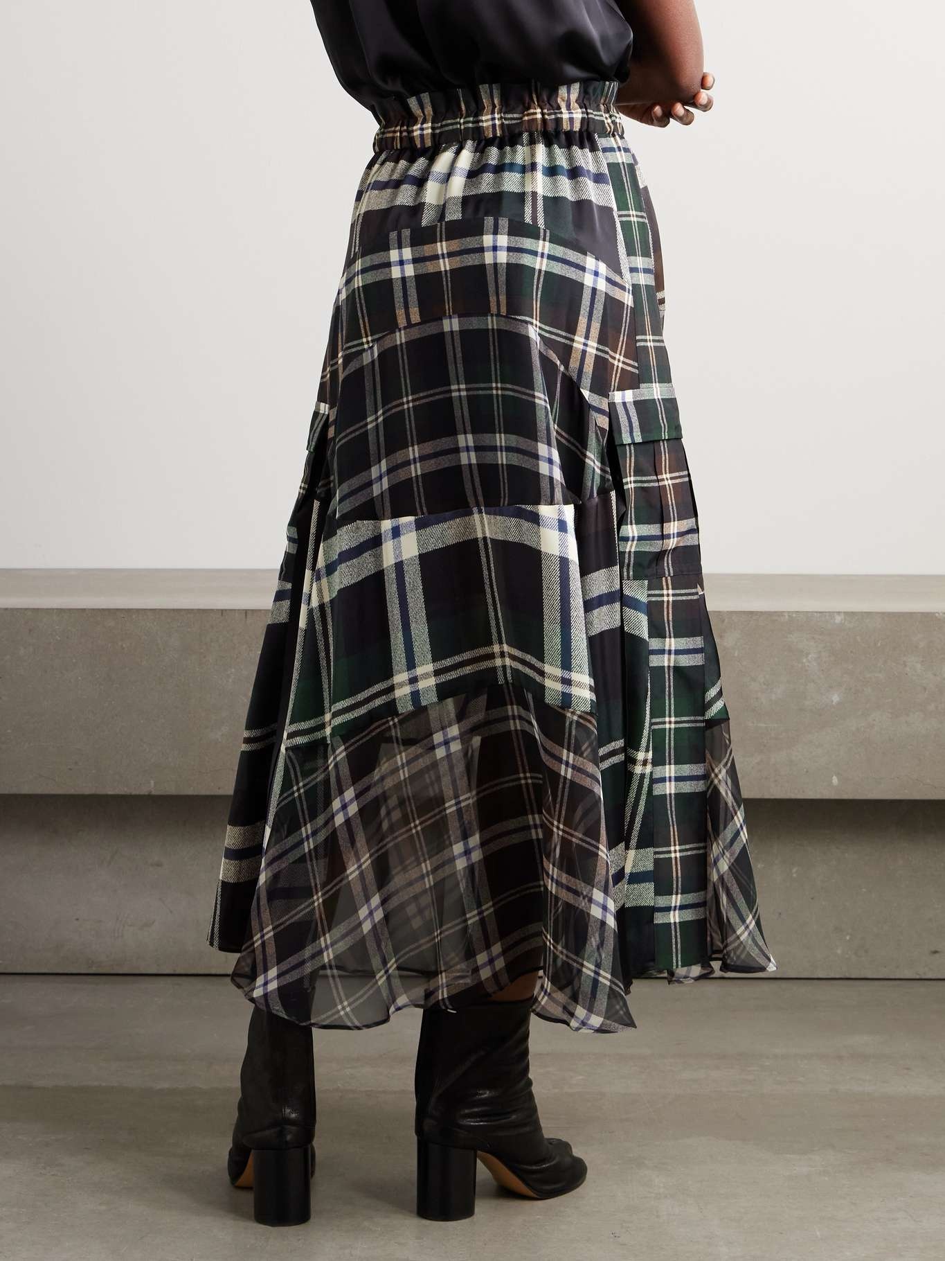 sacai Patchwork checked chiffon maxi skirt Green | REVERSIBLE