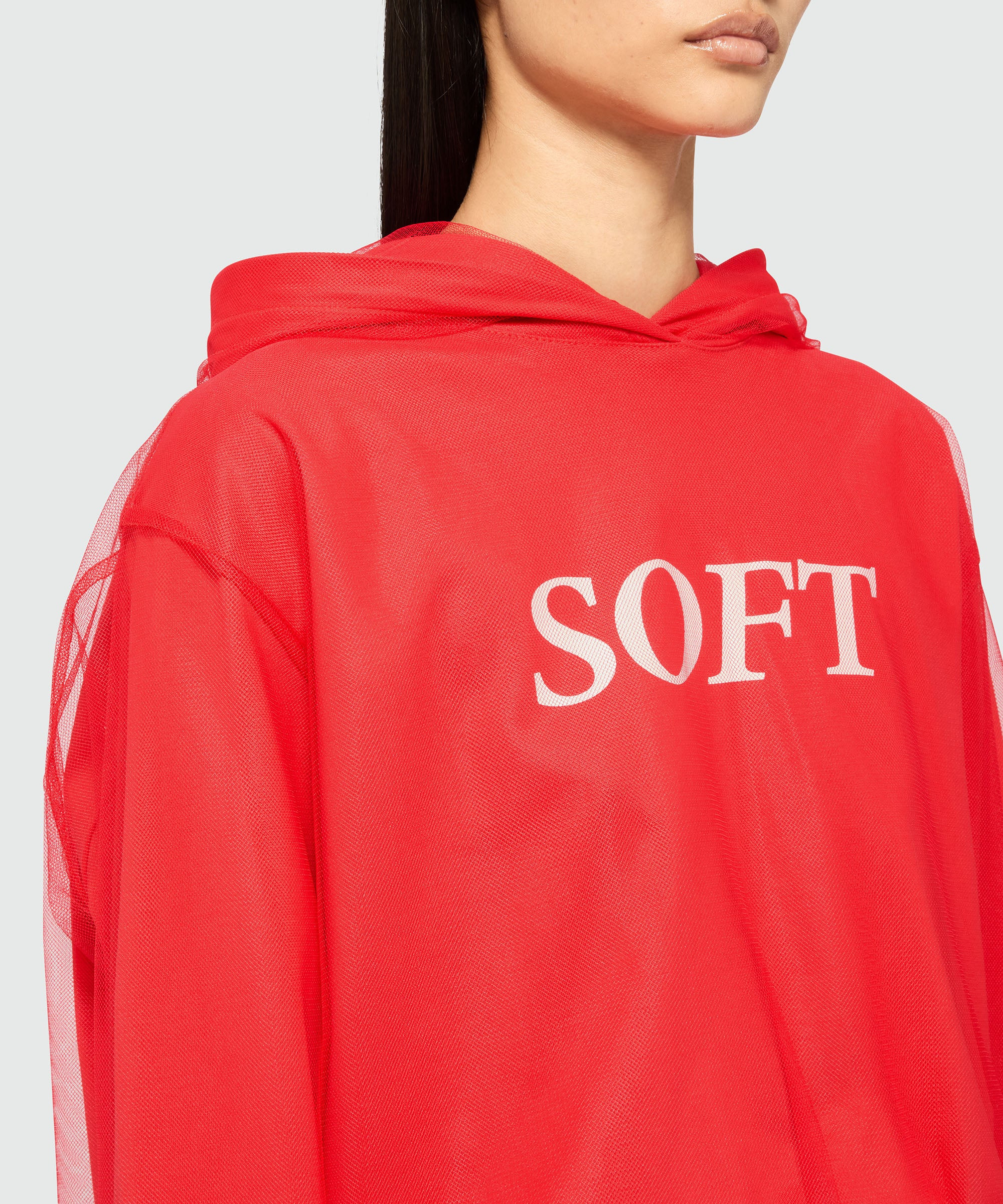 Red hooded sweatshirt in tulle and cotton with "SOFT" print - 4