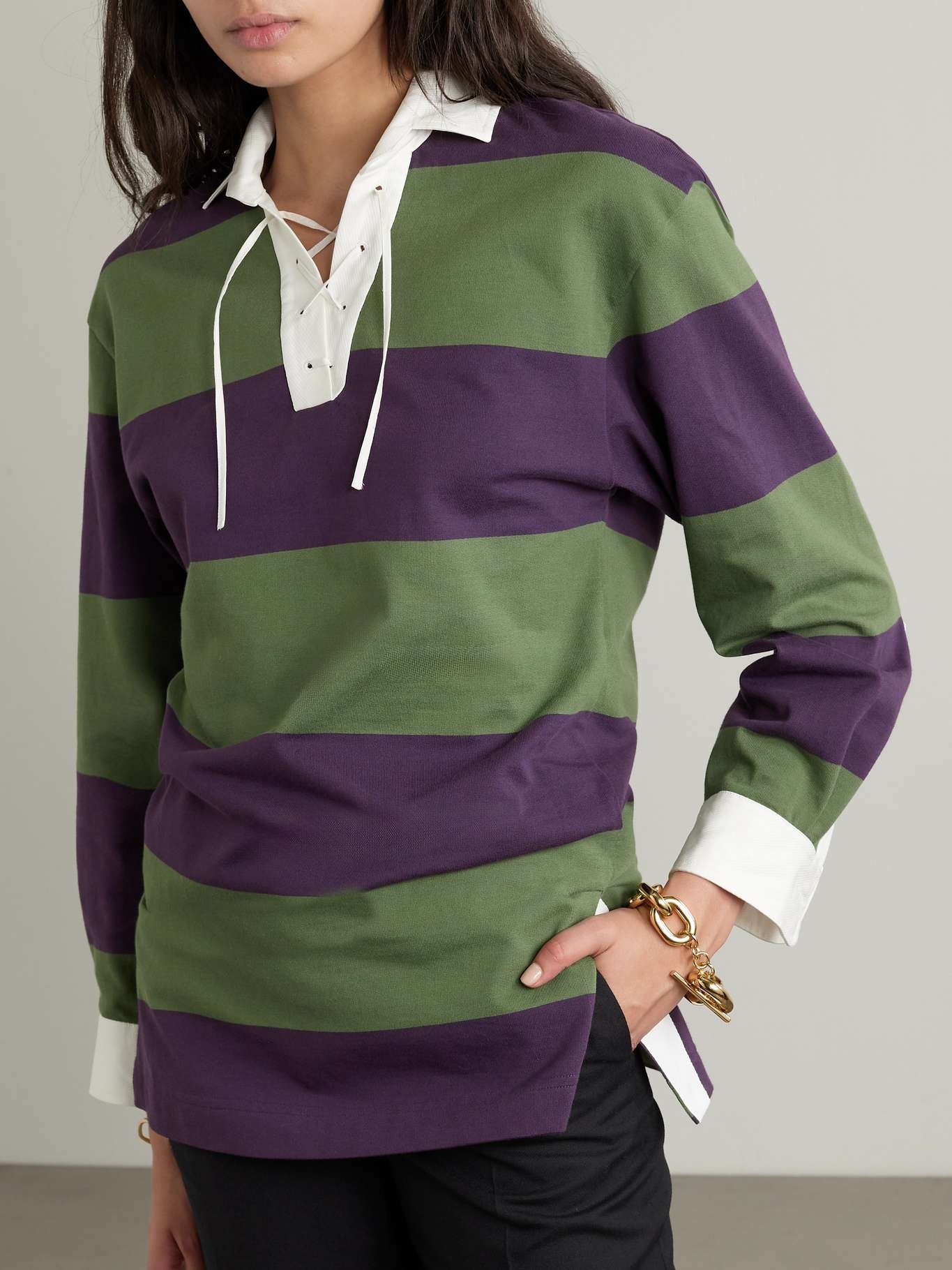 Oversized tie-detailed striped cotton-blend jersey polo shirt - 3