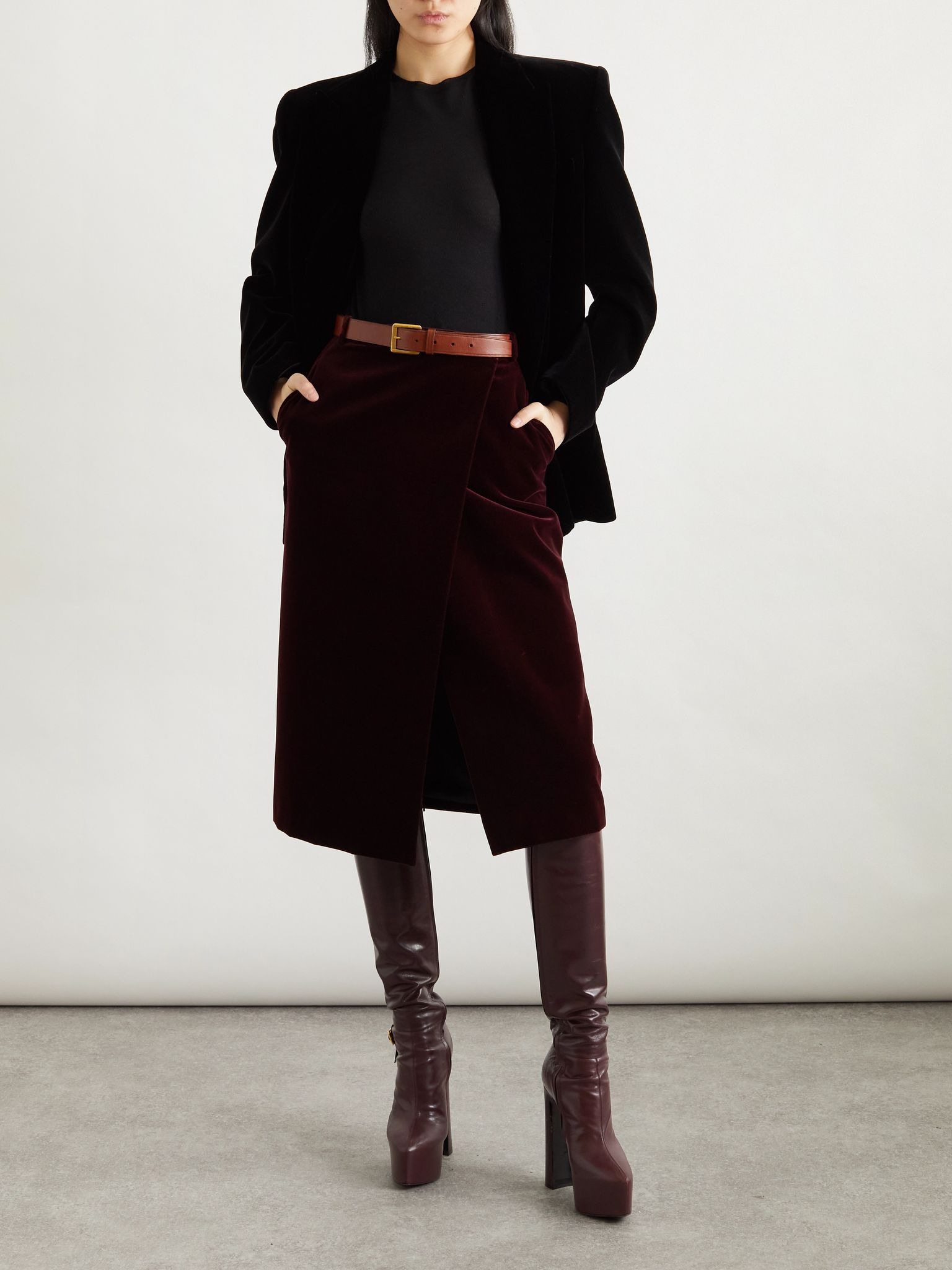 Cotton-velvet midi skirt Burgundy - 2