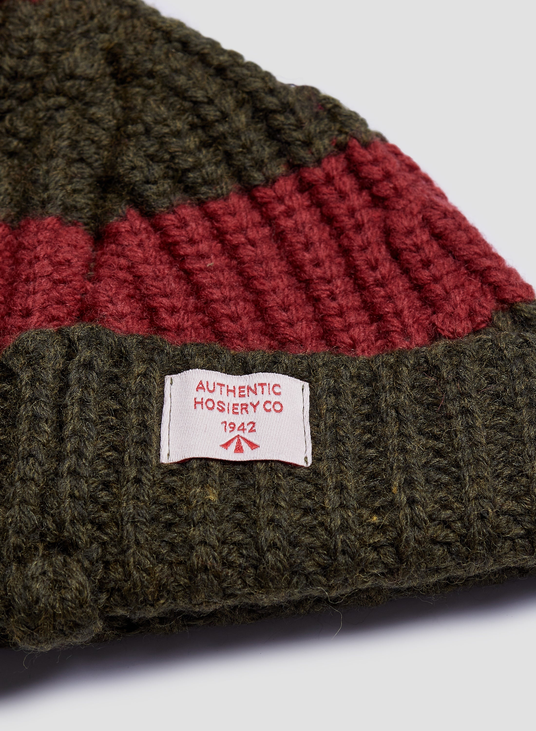 Striped Pom Pom Beanie in Army/Red - 2