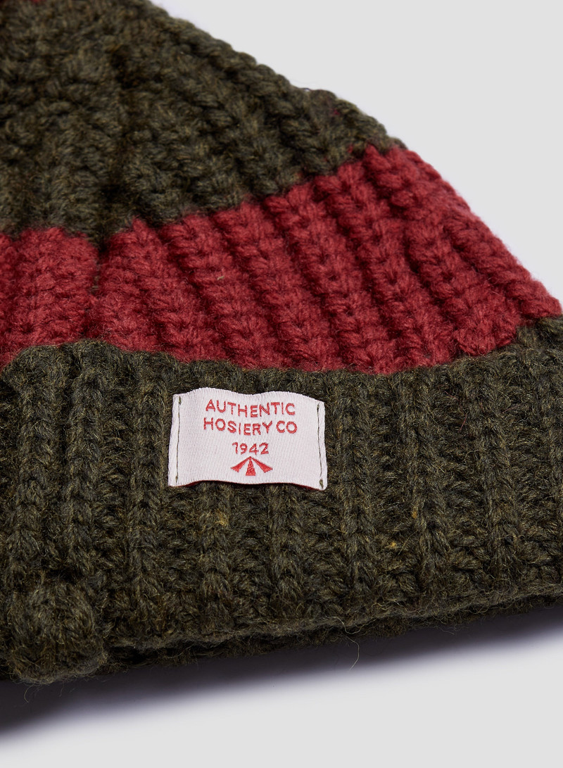 Nigel Cabourn Striped Pom Pom Beanie in Army/Red outlook