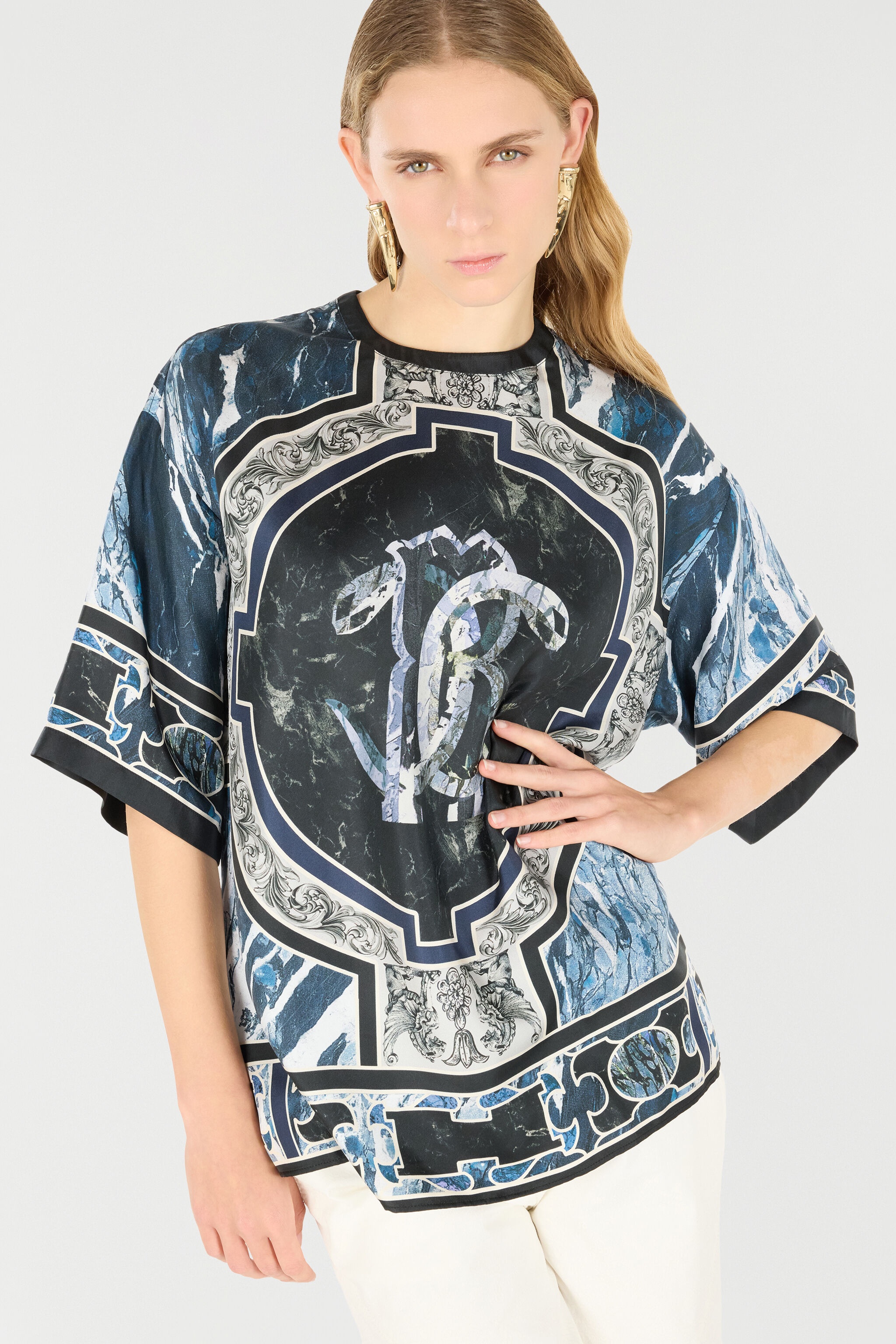 T-Shirt With Mirror Snake Monogram And Marble Print - 6