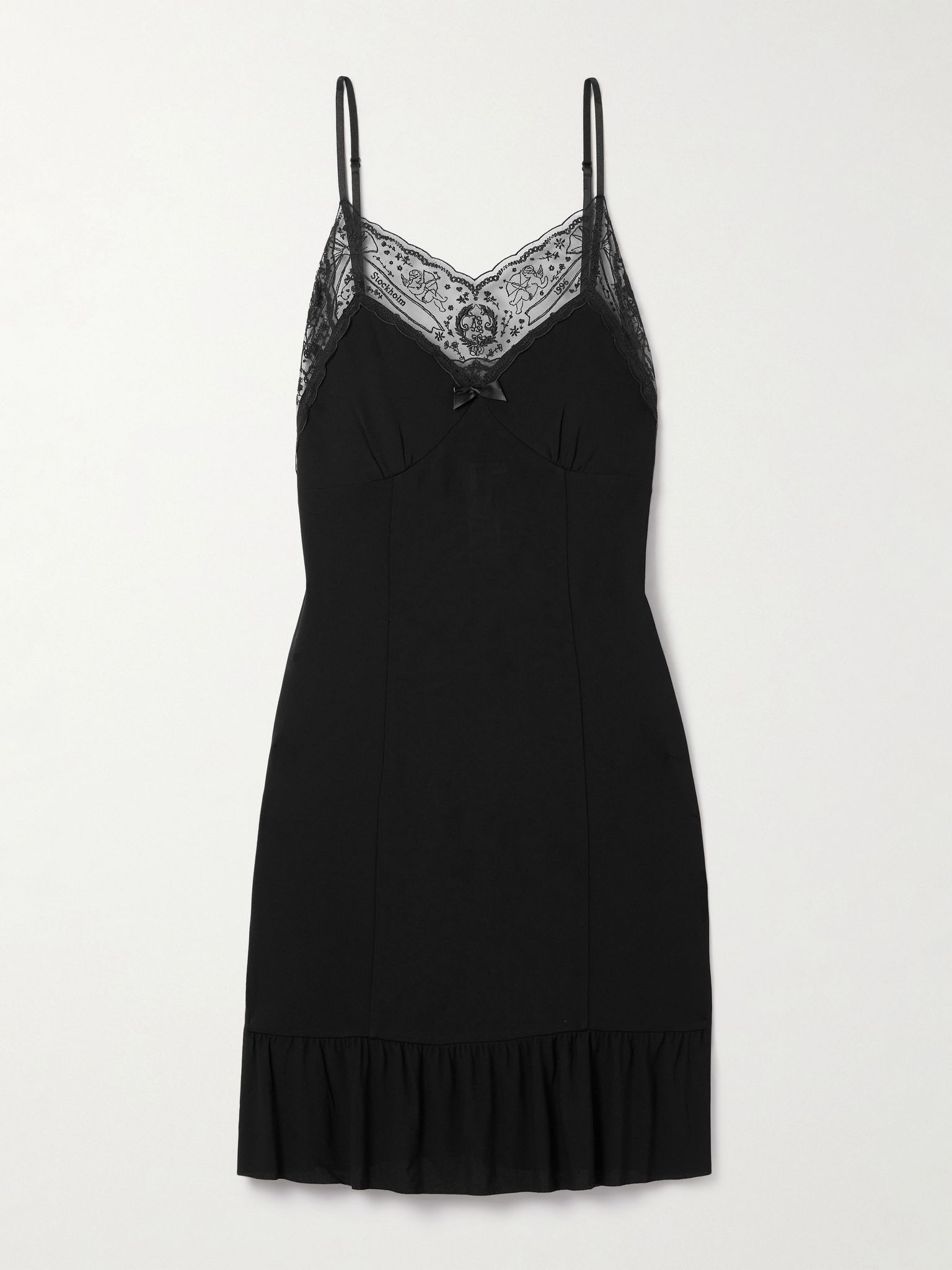 Embroidered tulle-trimmed crepe mini dress Black - 1