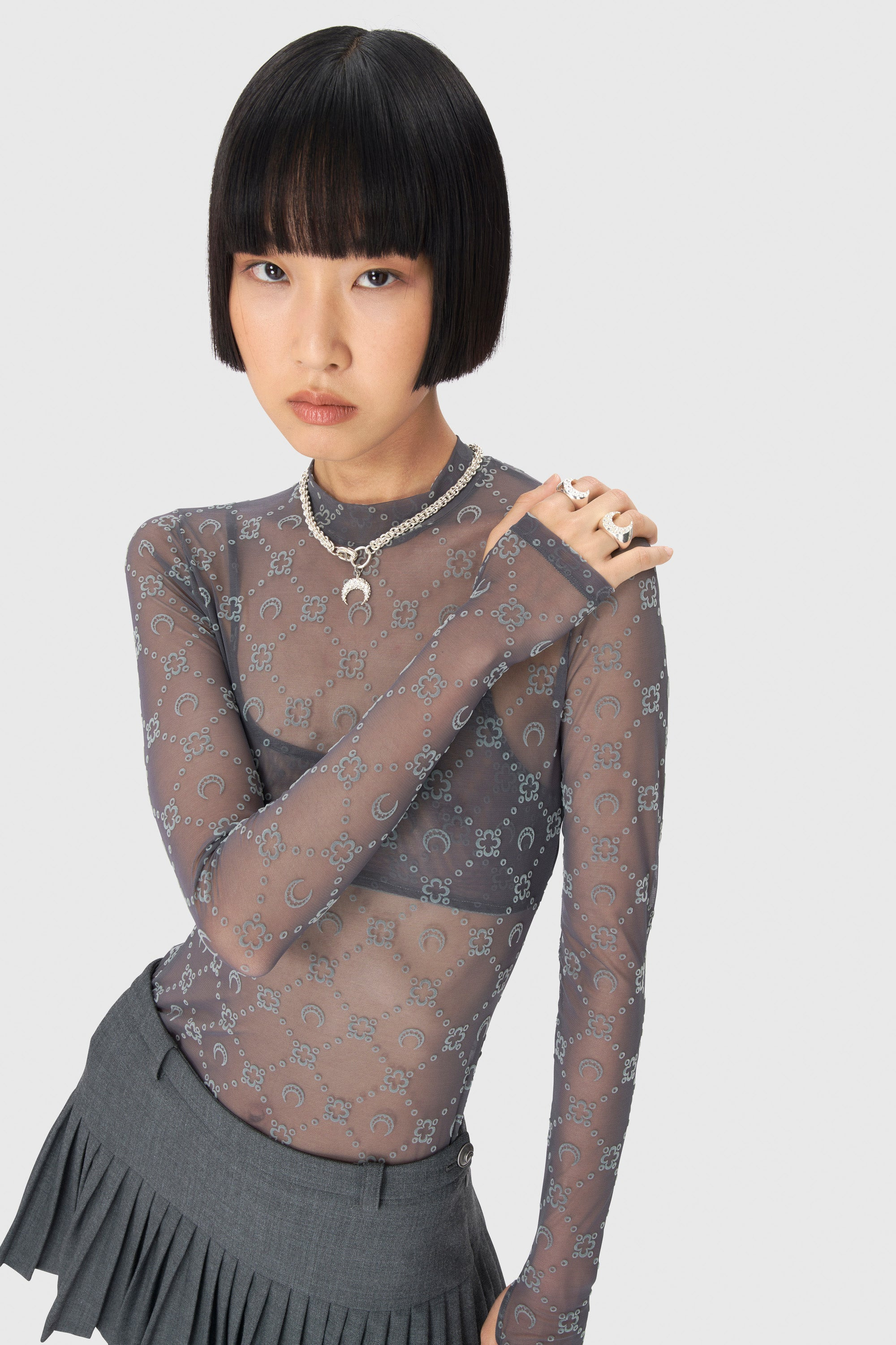Moonogram Mesh Flock Second Skin Highneck Top - 2