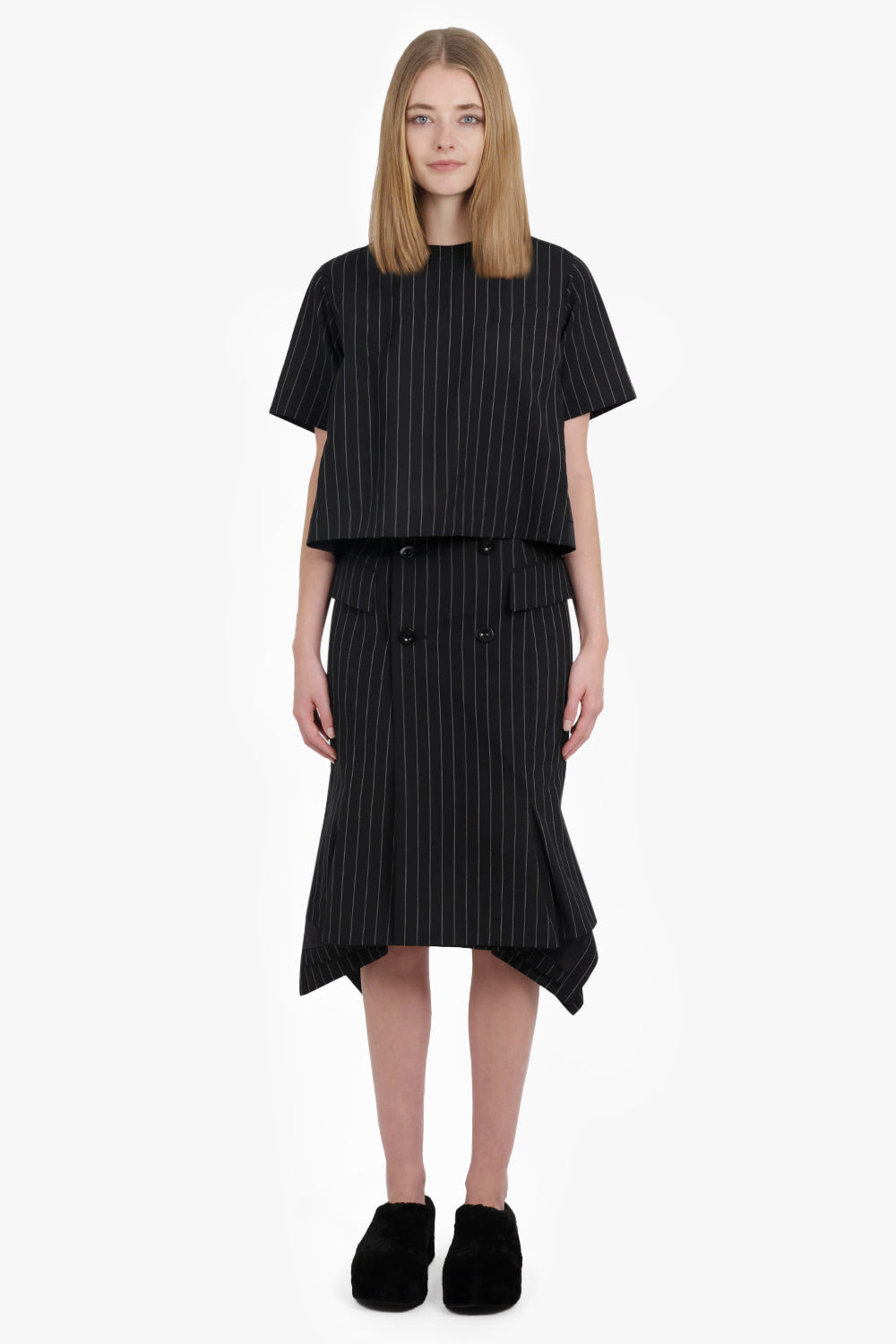 ASYMMETRIC FLARED HEM STRIPE MIDI SKIRT WITH BUTTON DETAIL | BLACK/WHITE - 2