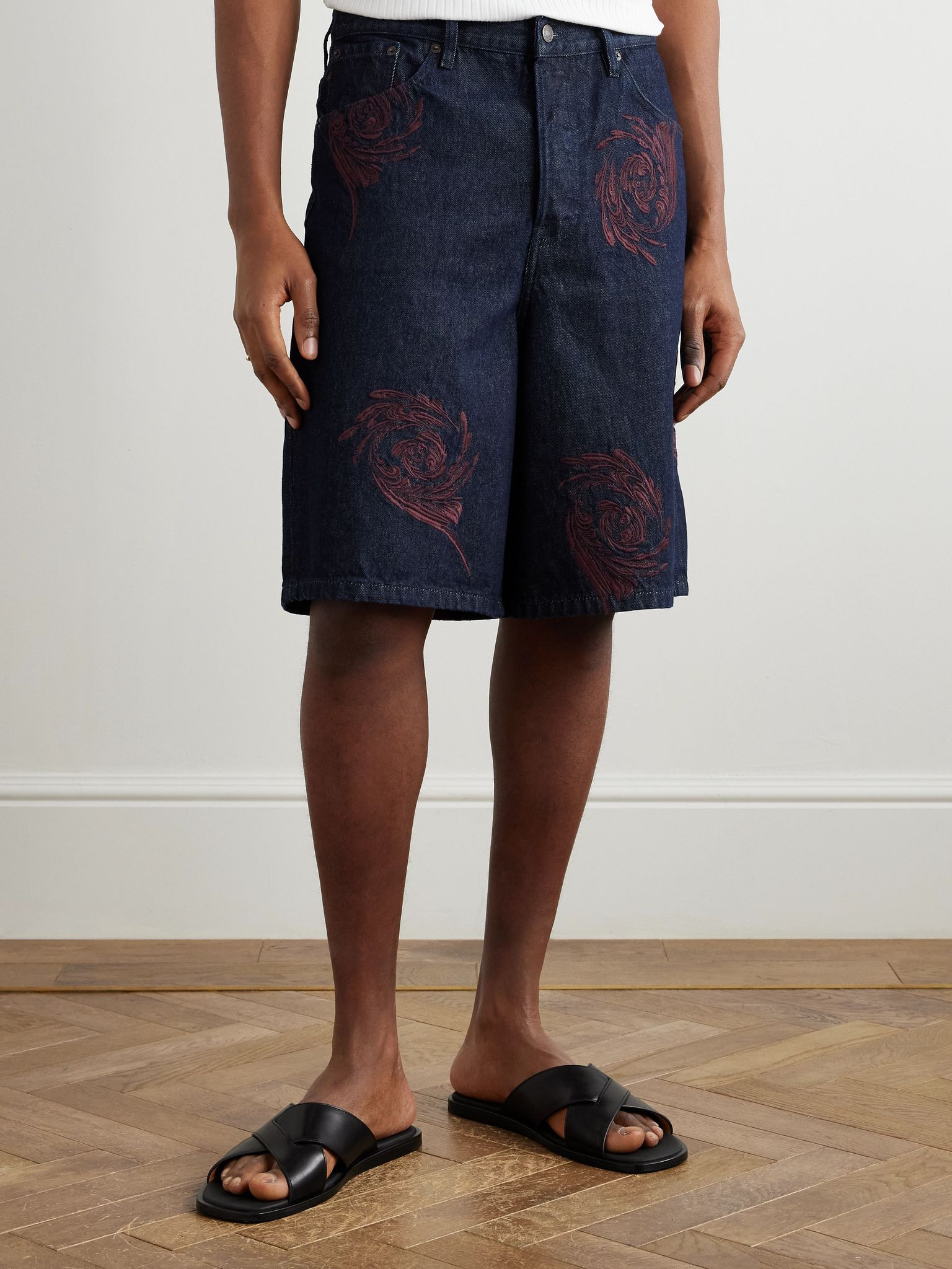 Straight-Leg Embroidered Denim Bermuda Shorts Blue - 3