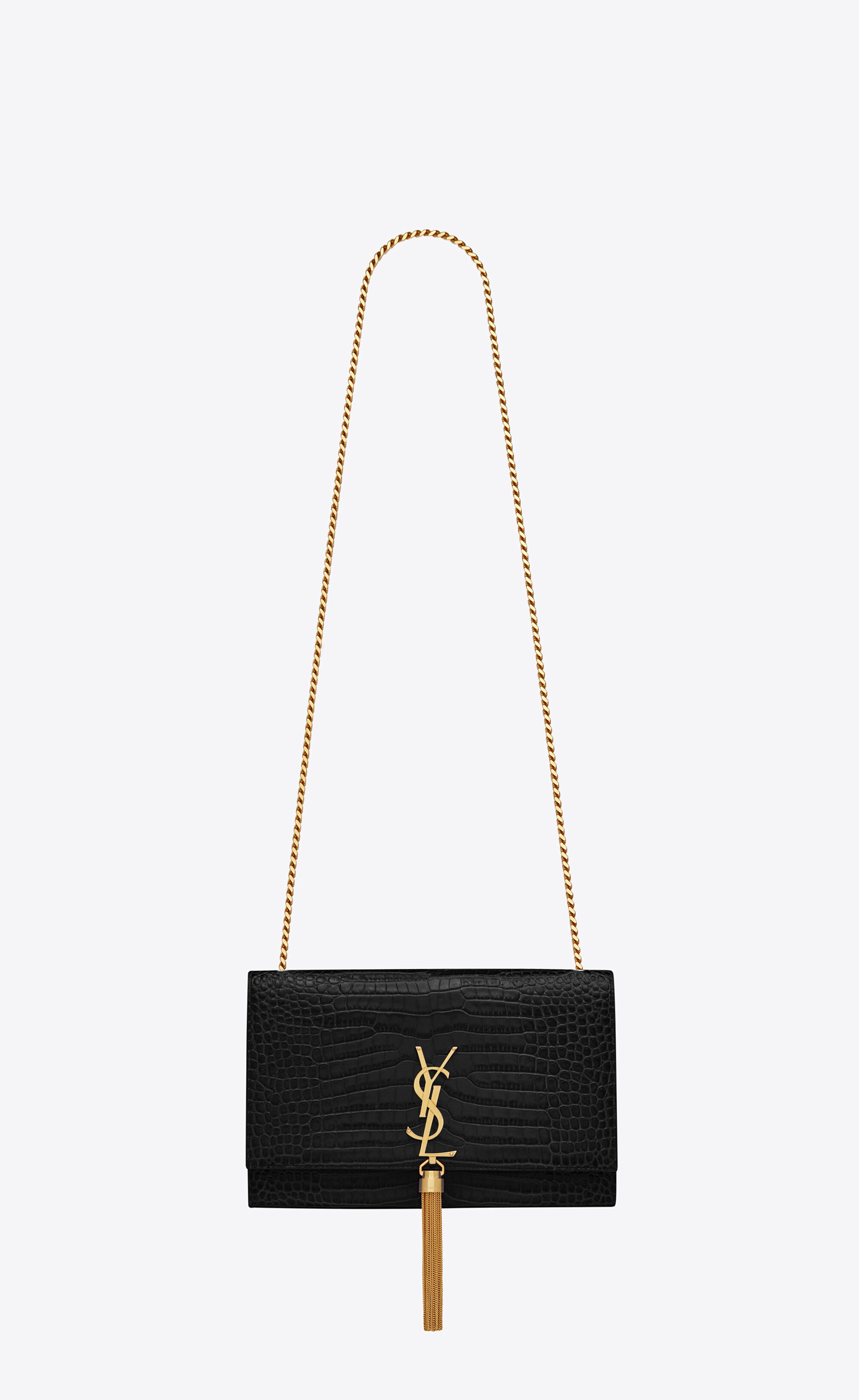 kate medium chain bag with tassel in crocodile-embossed shiny leather - 1