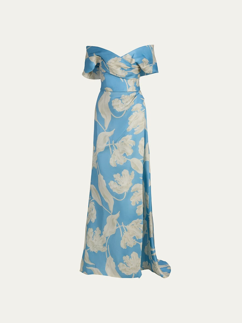 Off-The-Shoulder Floral Gazar Trumpet Gown 1
