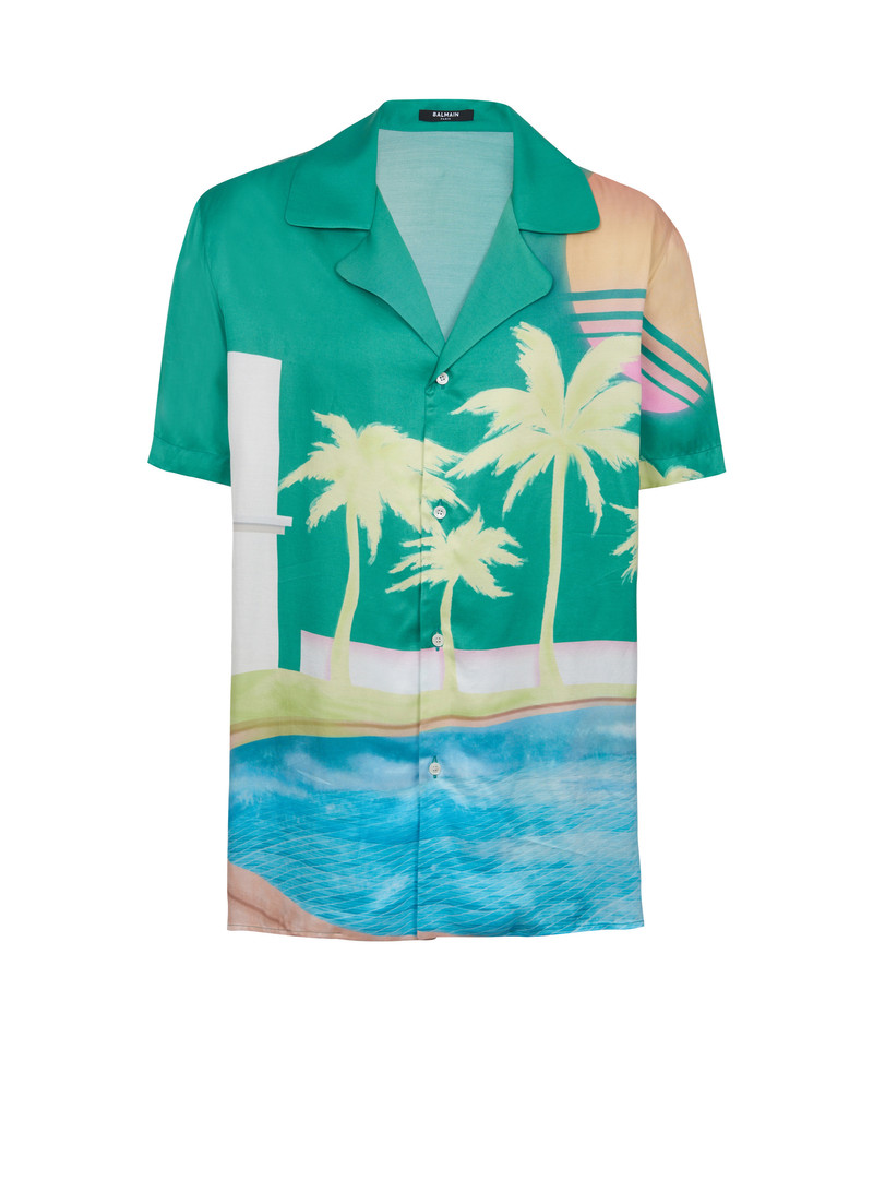 Short-sleeved twill pyjama shirt with palm tree print 1