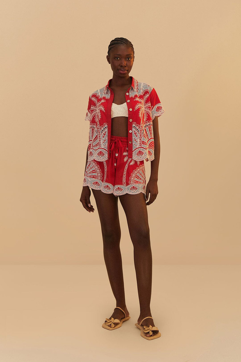 Red Palm Trees Embroidered Organic Cotton Shirt 1