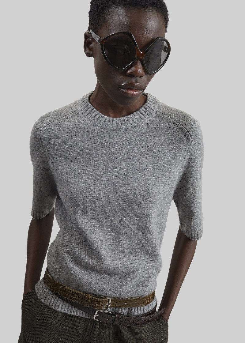 Loulou de Saison Dara Short-Sleeve Cashmere Top - Grey Melange 4