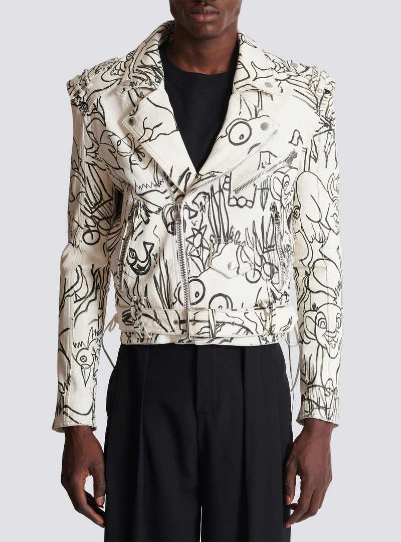 Disney x Balmain: The Lion King - Leather biker jacket with Enfant Précoce print 5