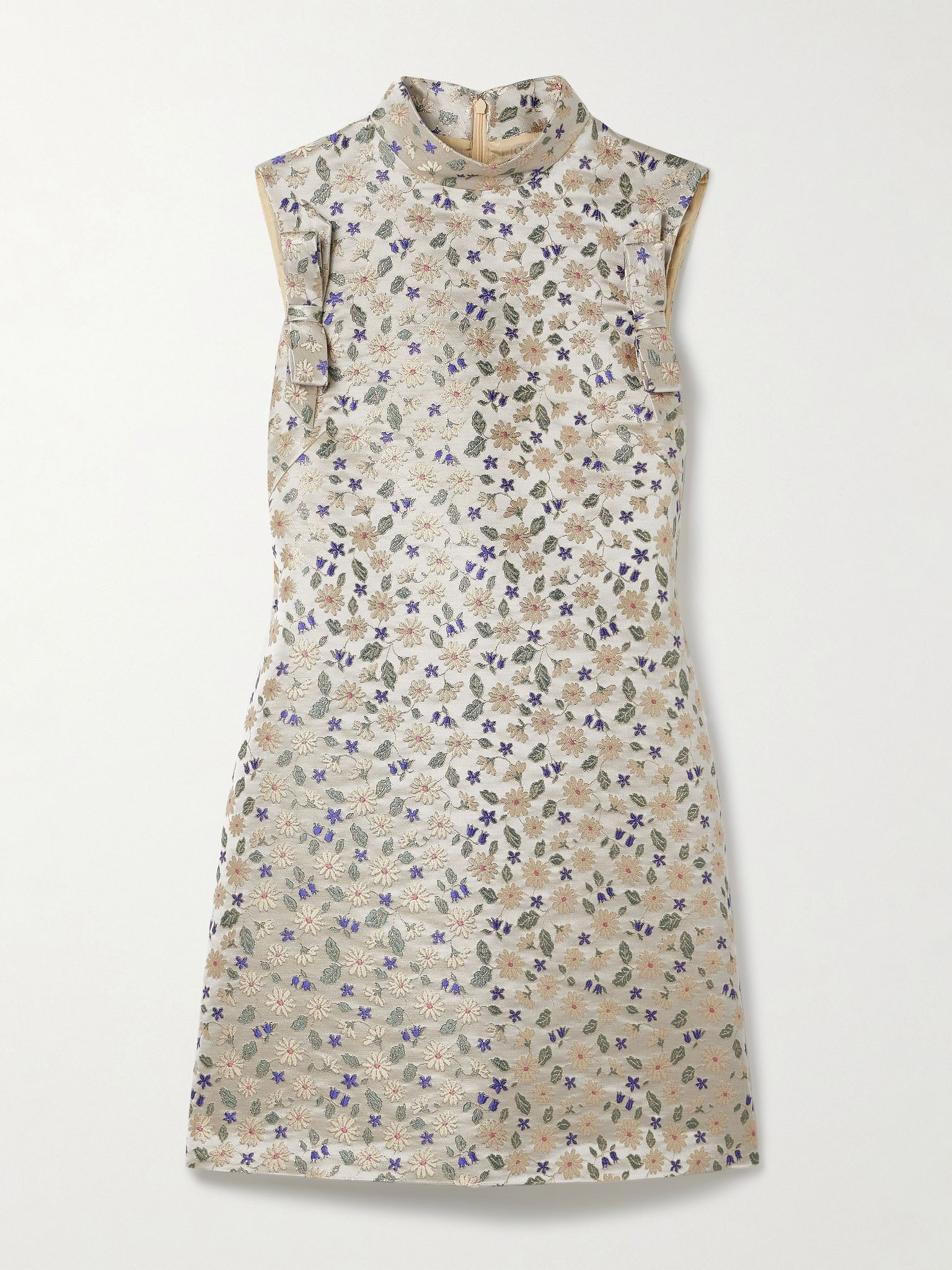 Bow-embellished floral-brocade mini dress Cream - 1