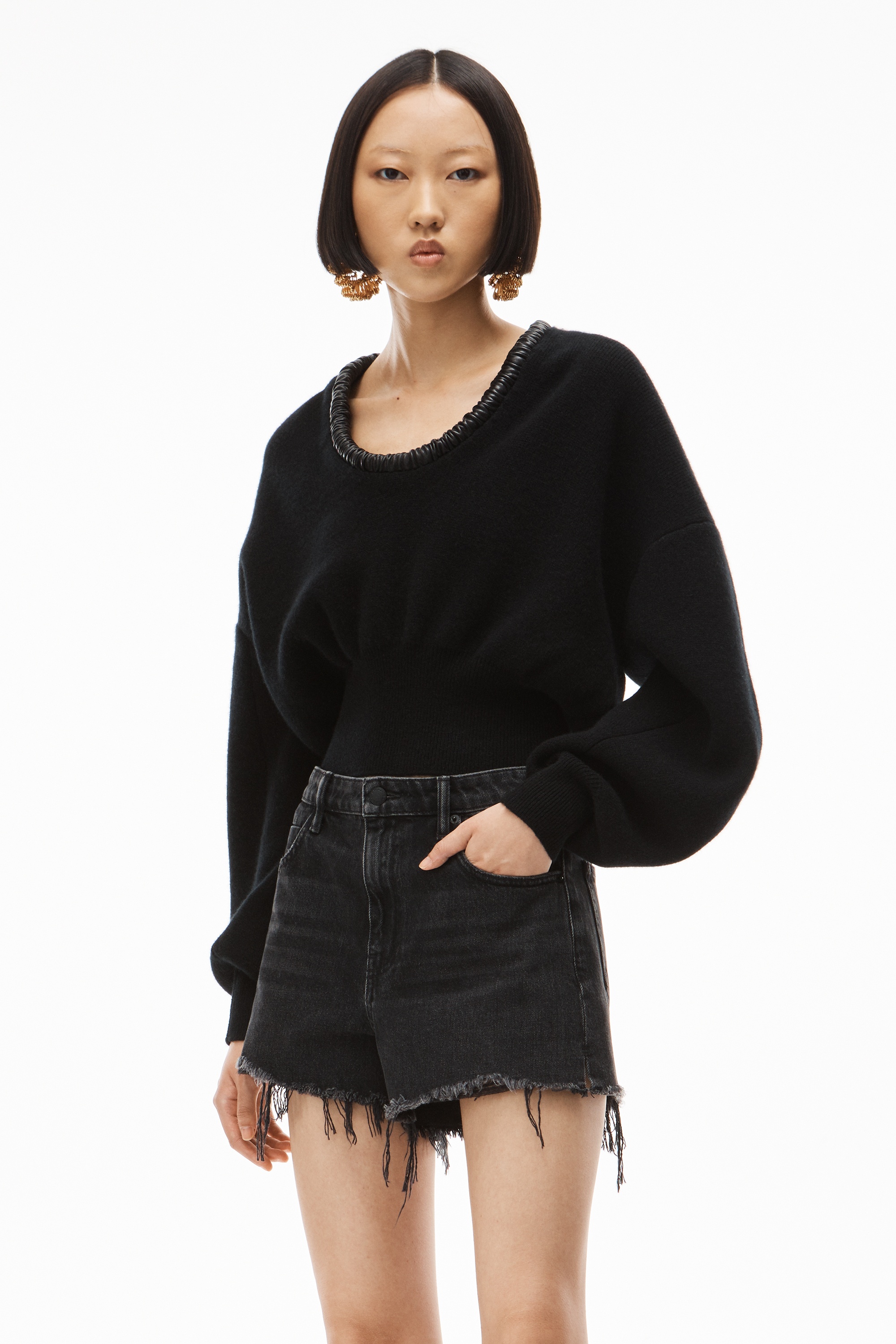 RUCHED LEATHER TRIM PULLOVER IN WOOL - 2