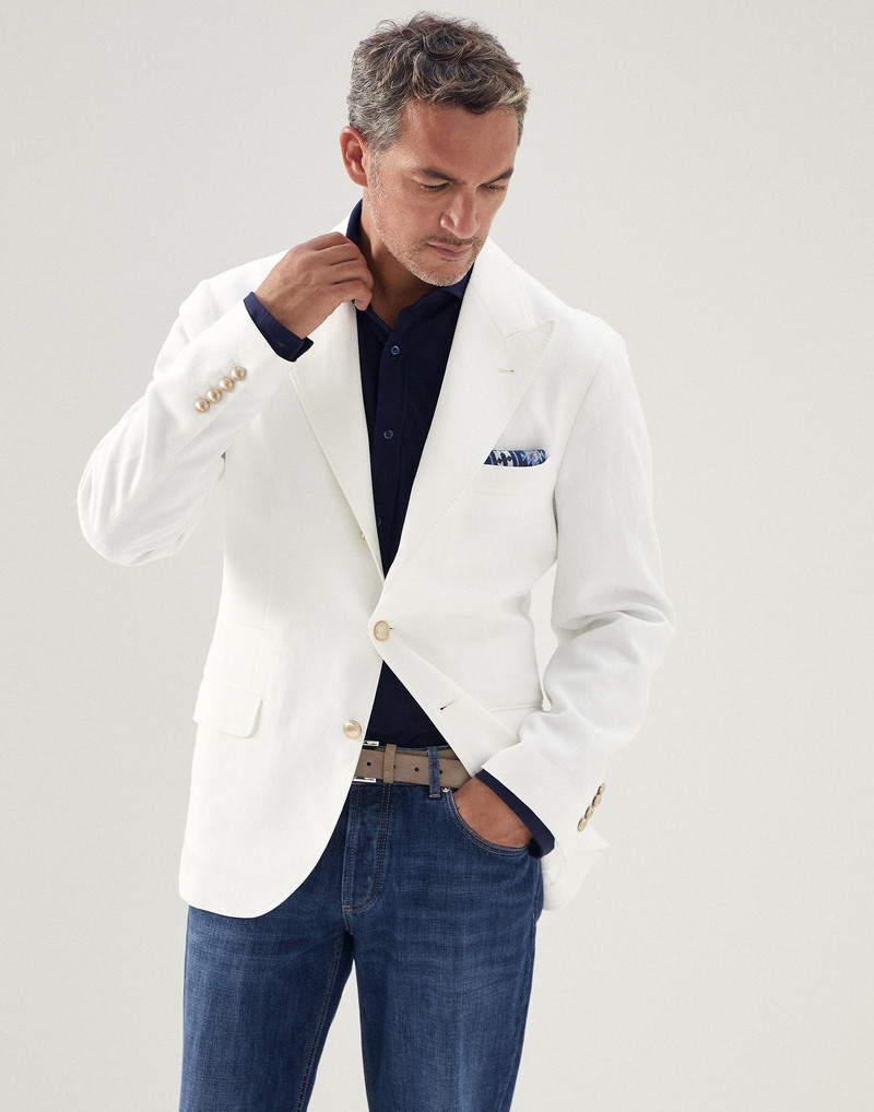 Twisted linen deconstructed blazer with large peak lapels and metal buttons 1