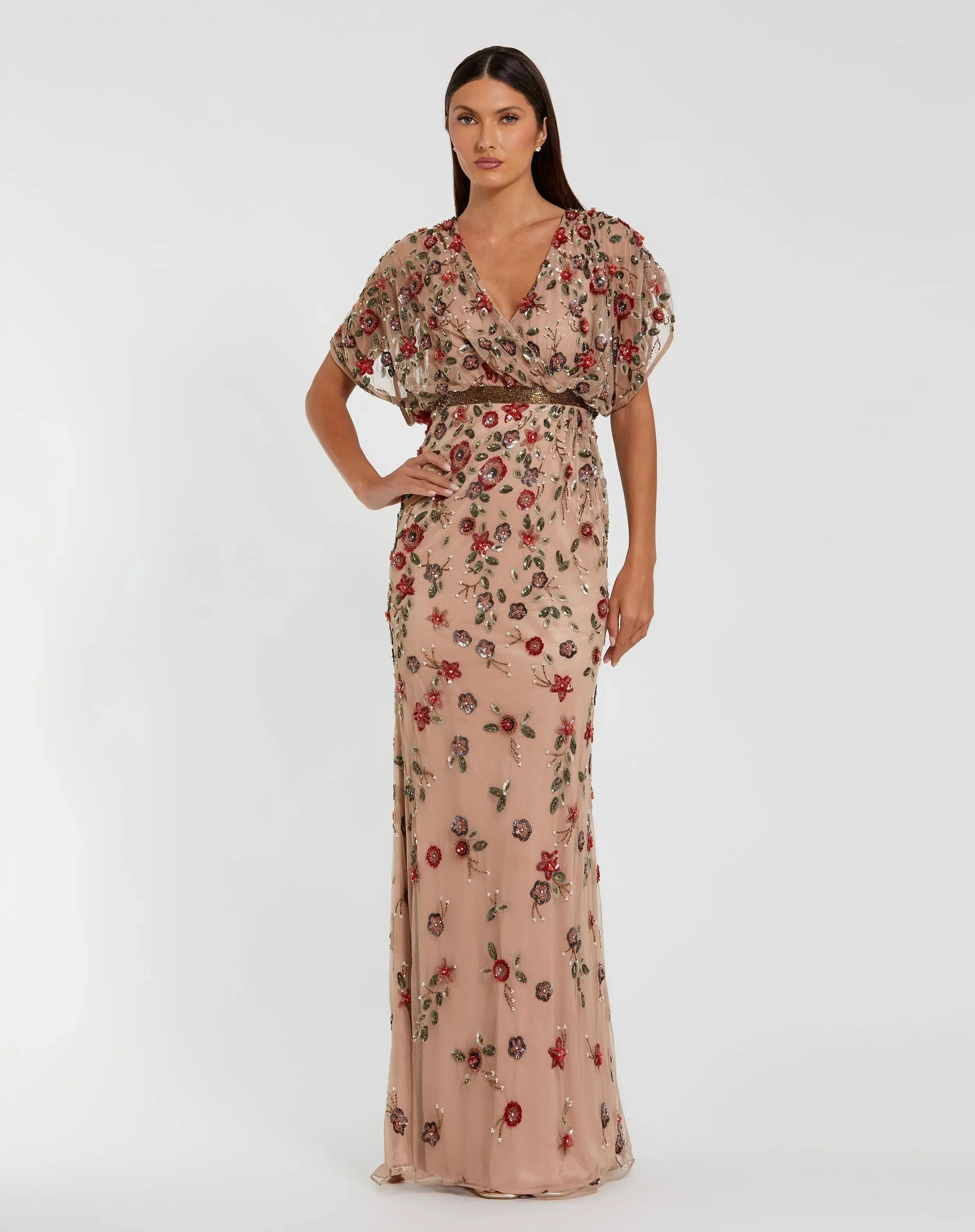 Beige Floral Embellished Short Sleeve Blouson Gown - 1