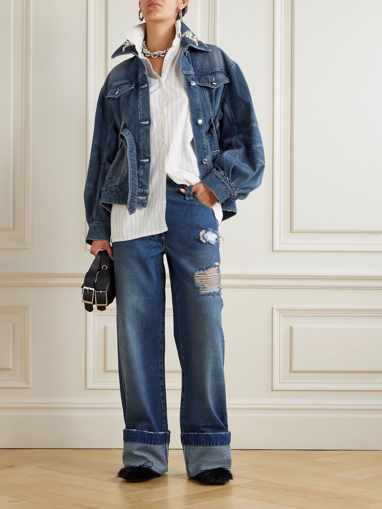 Belted embellished denim jacket Mid denim - 2