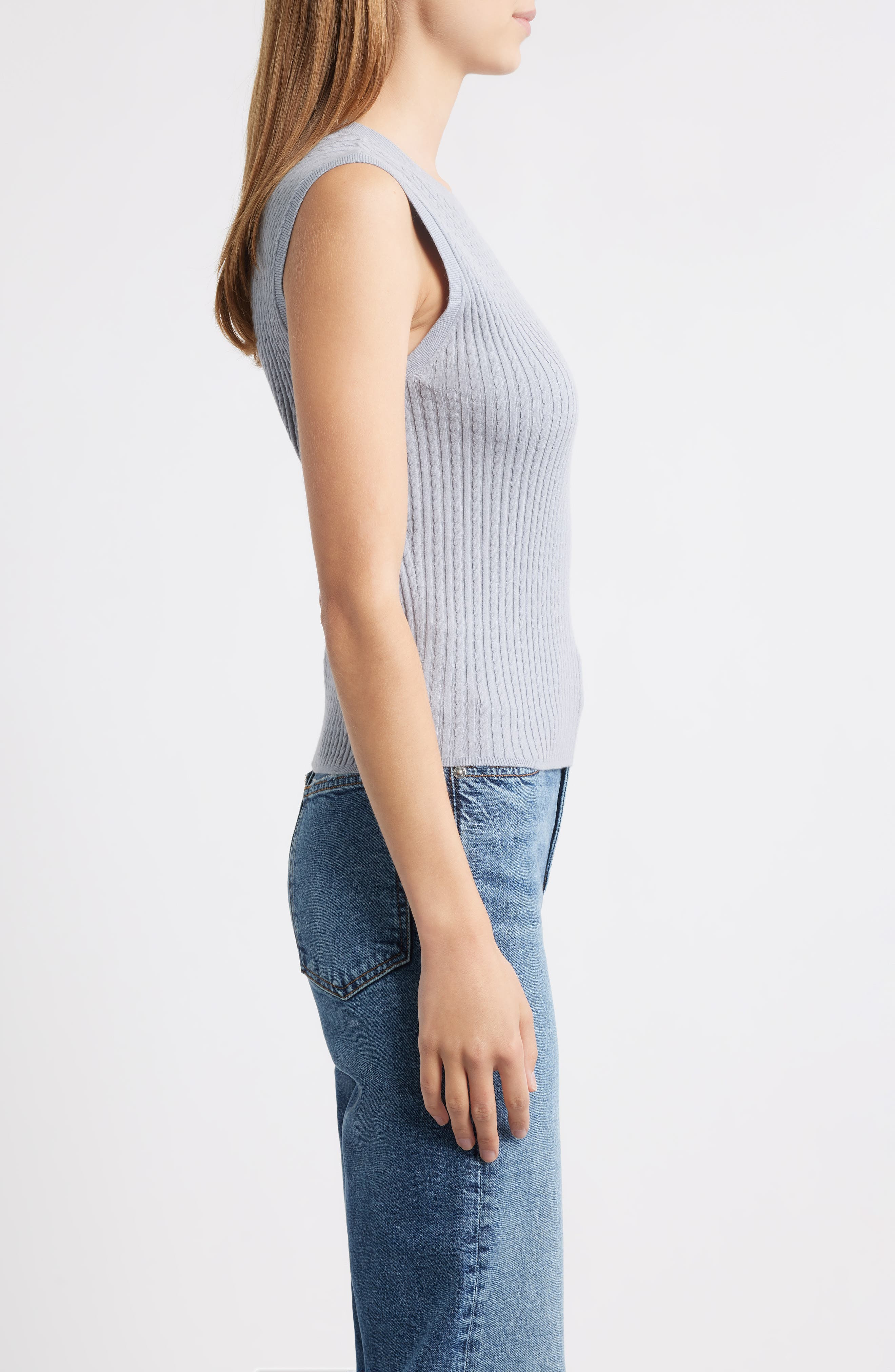 FRAME The Fine Cable Sleeveless Sweater in Grey Blue at Nordstrom - 3